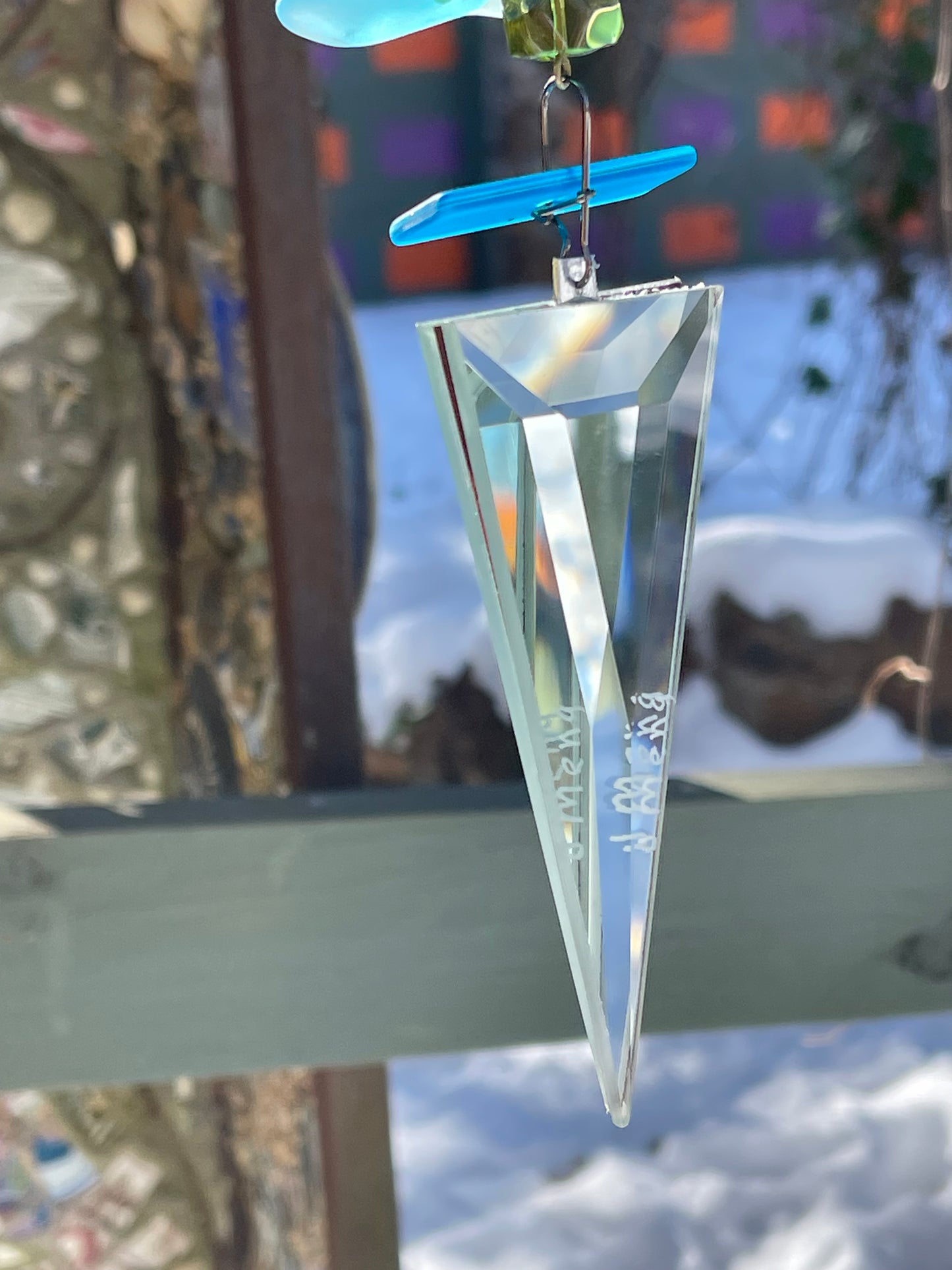 Long 48" mirror mosaic sun chain lots of blue, glowing amber, juicy reds