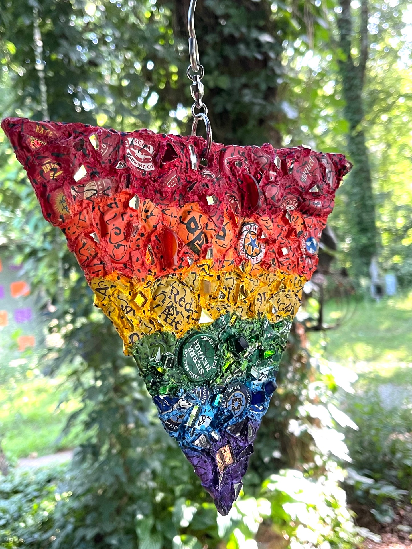Rainbow pride bottle cap triangle with mirror bits. Glorious!