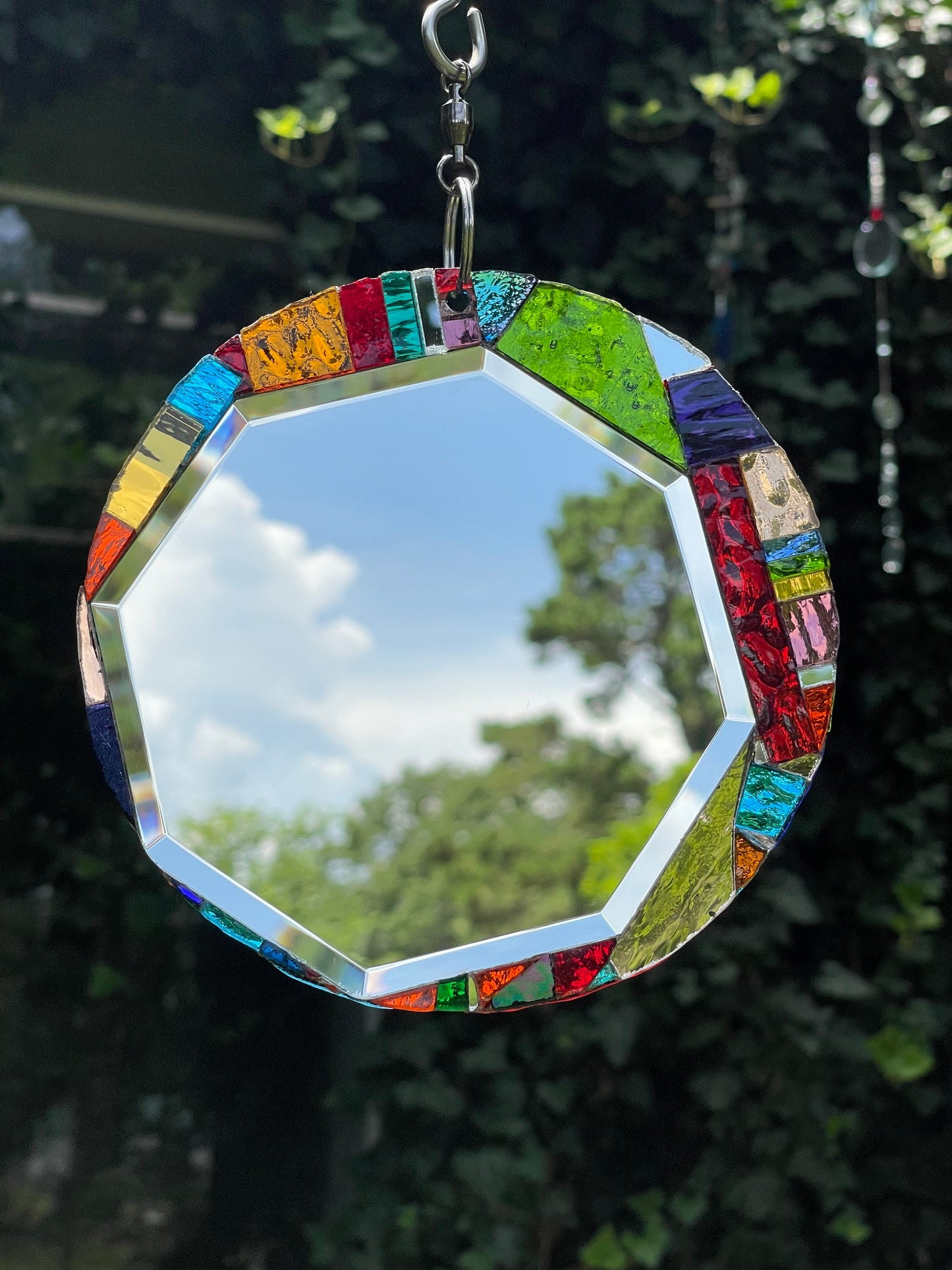 Round 6” Beveled Mirror and Mosaic Sun Catcher, Contemporary Garden Art