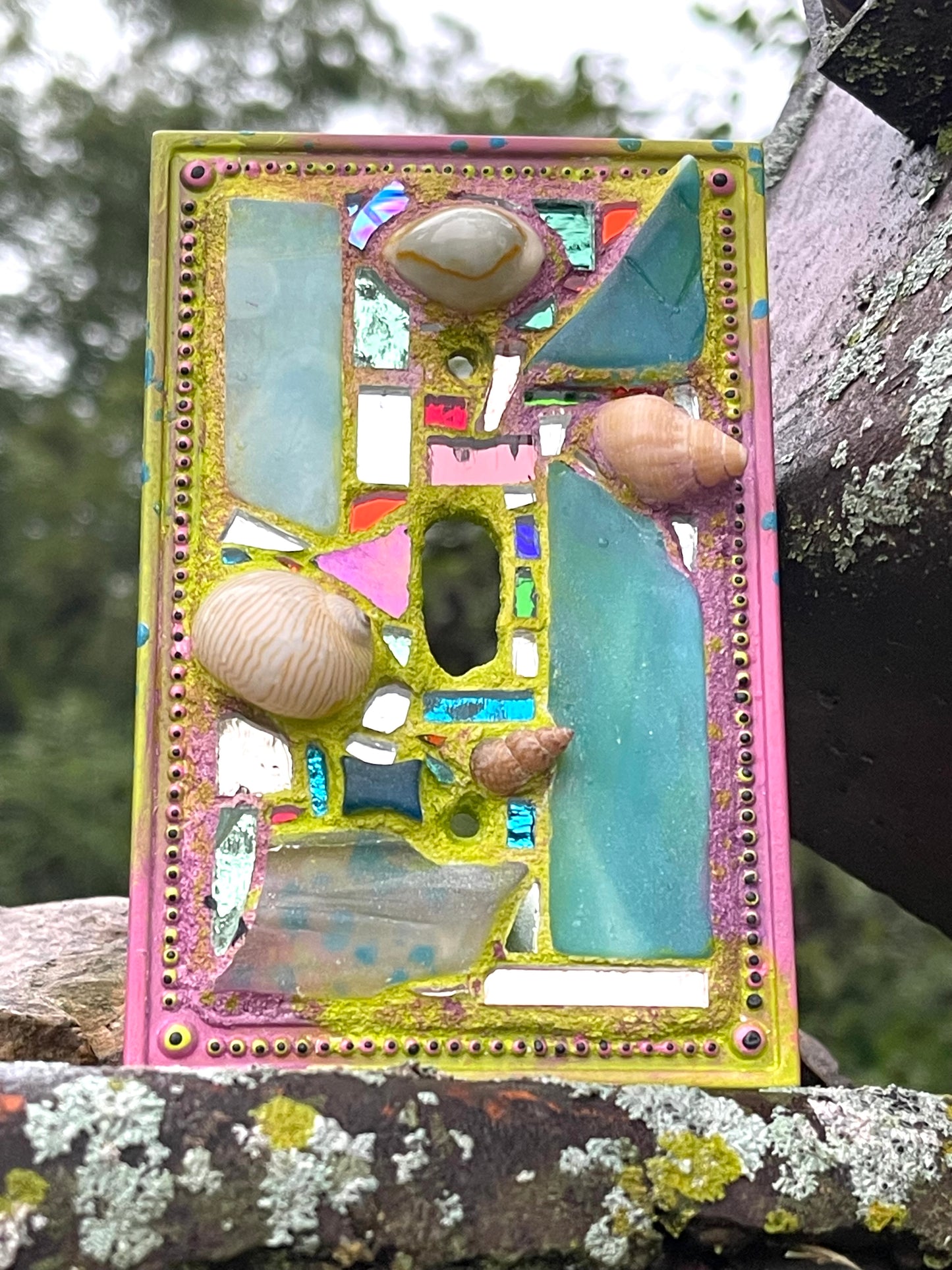 Single toggle mirror mosaic and sea shell light switch cover as mini wall art