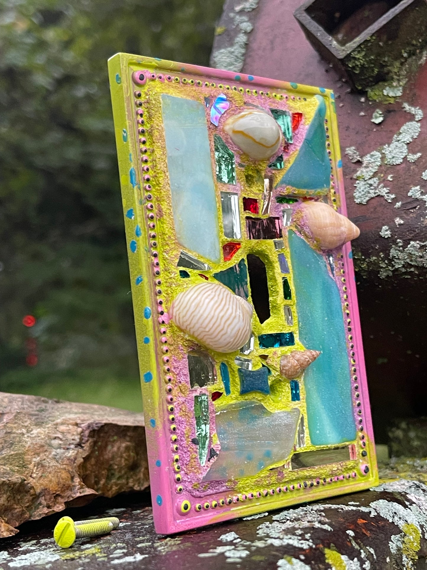 Single toggle mirror mosaic and sea shell light switch cover as mini wall art