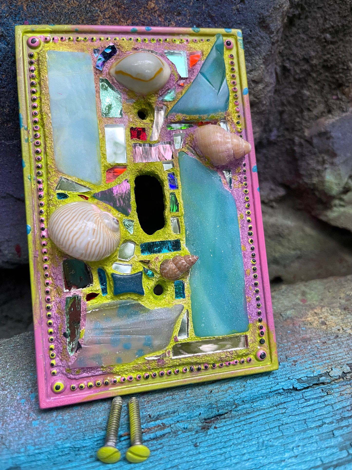 Single toggle mirror mosaic and sea shell light switch cover as mini wall art