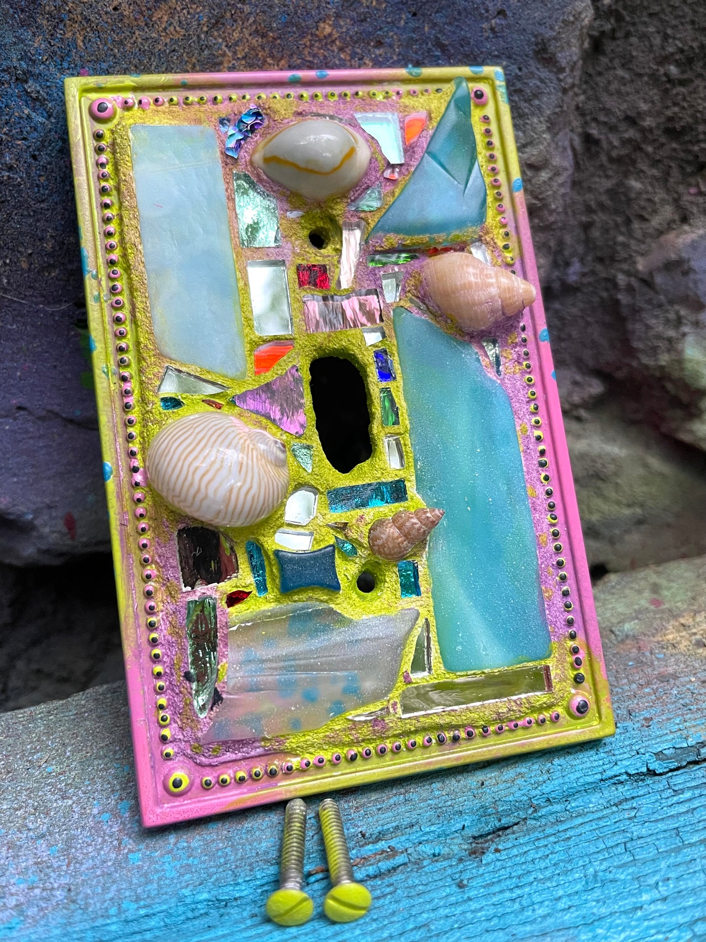 Single toggle mirror mosaic and sea shell light switch cover as mini wall art