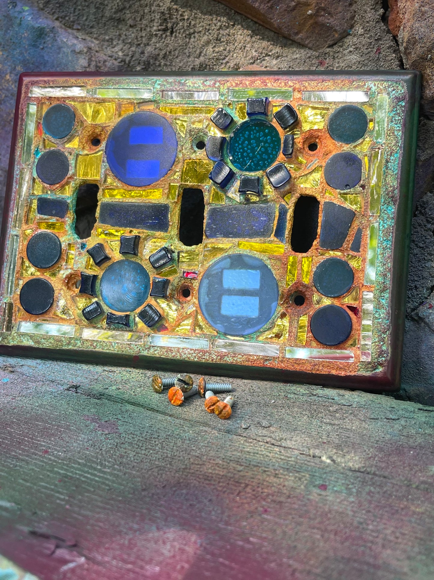 Gold mirror blue glass triple toggle mosaic light switch cover