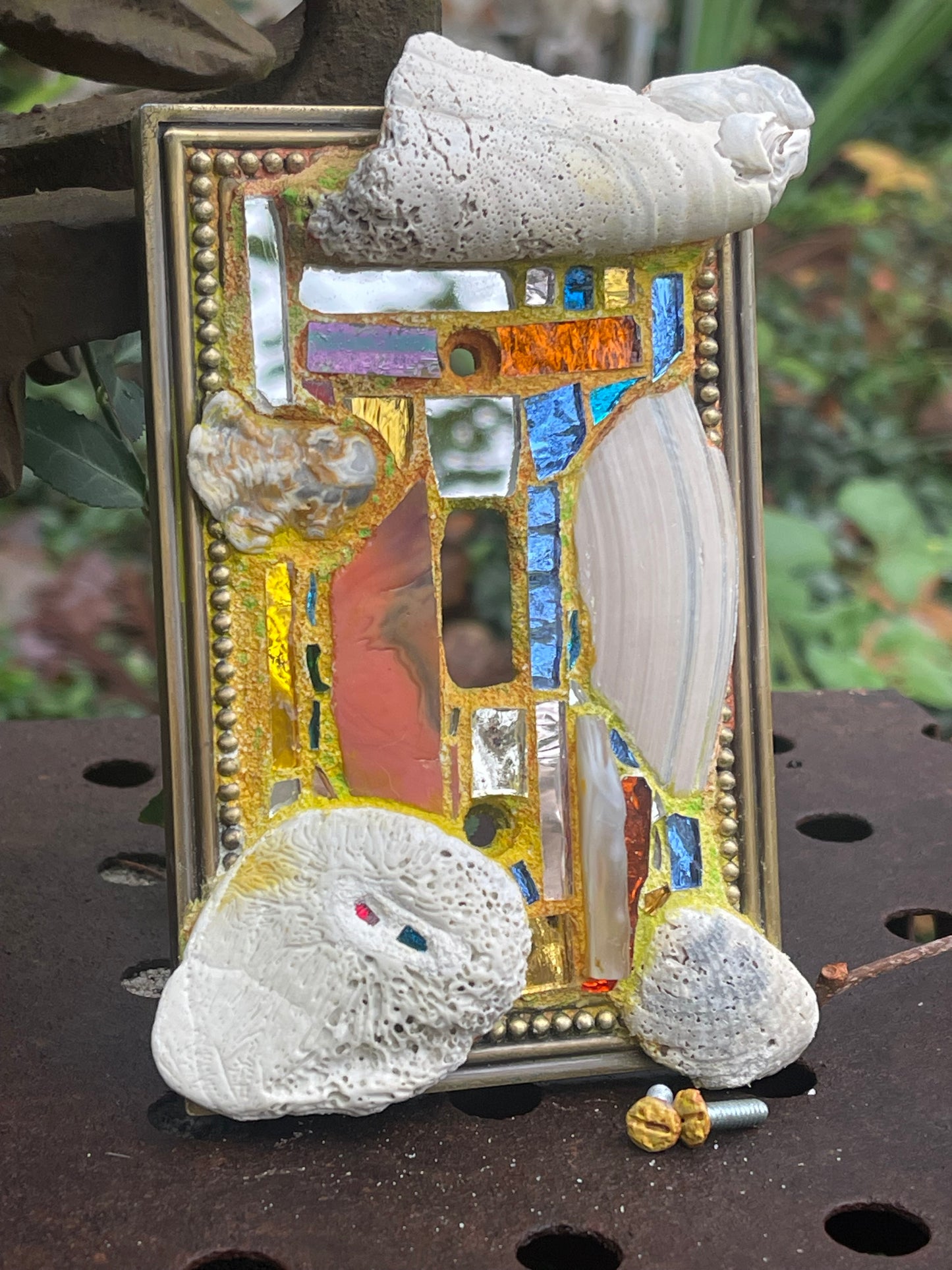 Sea-worn shell and glass mosaic single toggle brass light switch cover