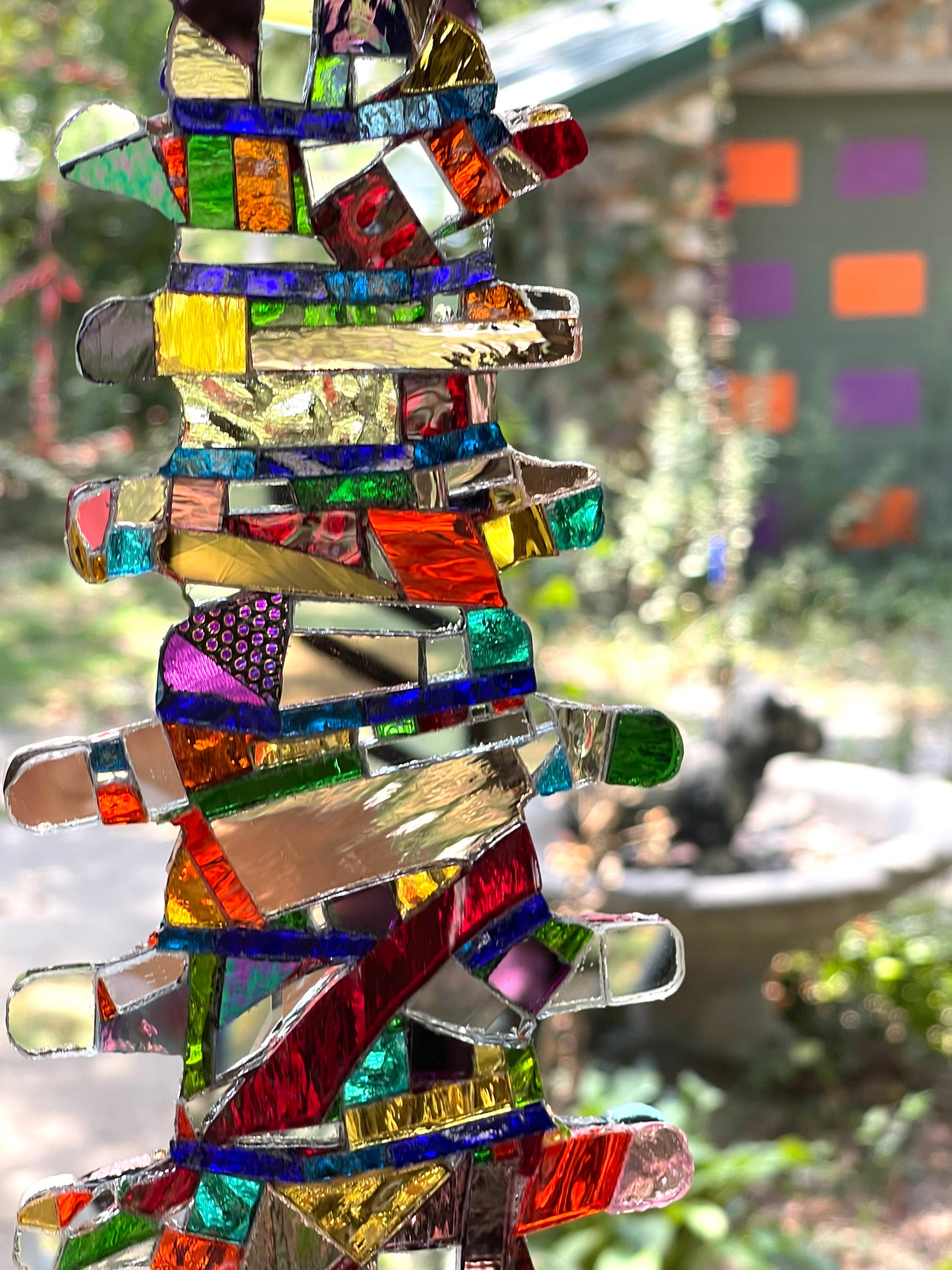 Human spine mirror mosaic sun catcher, stunning groutless sparkling patchwork