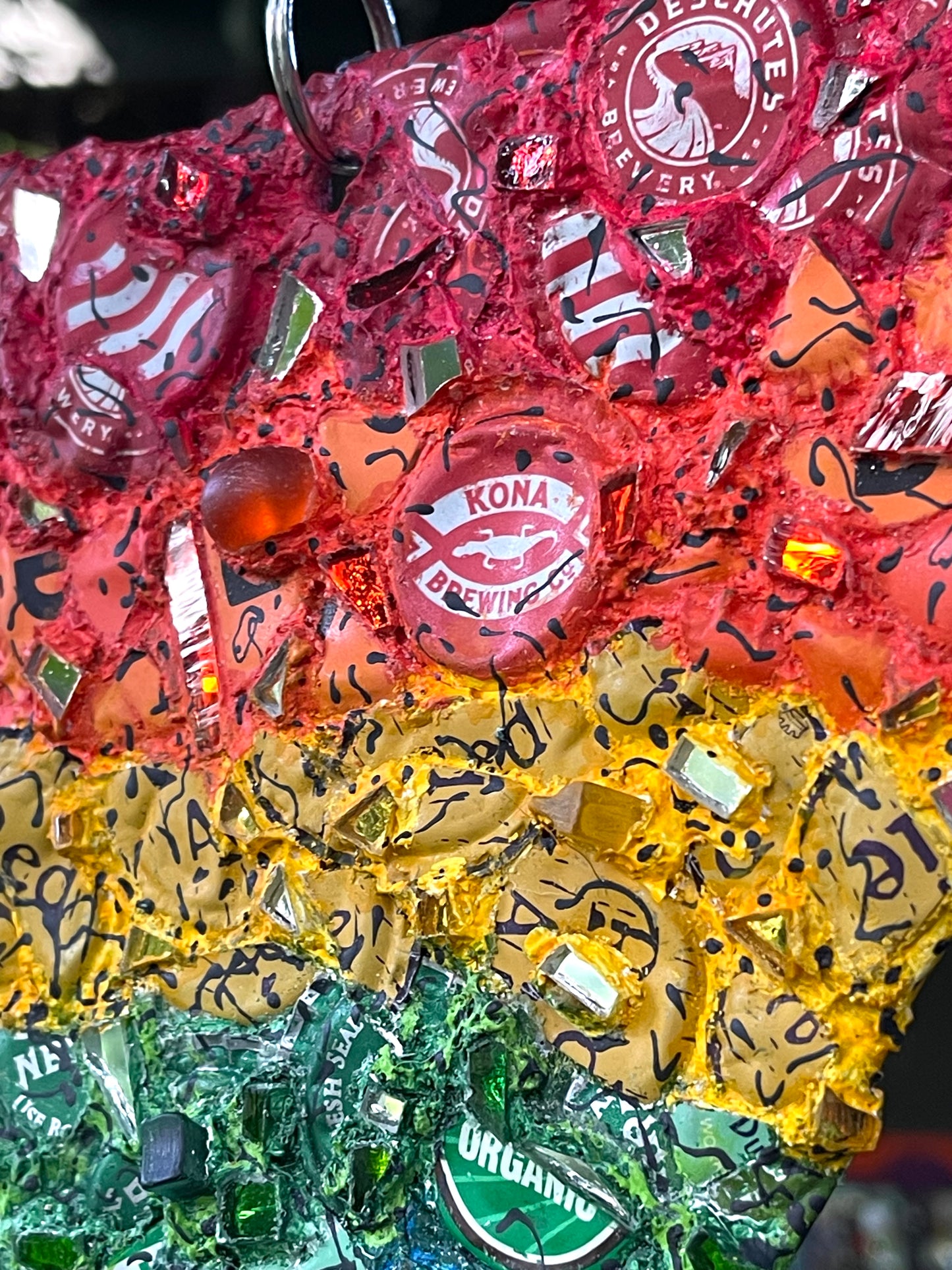 Rainbow pride bottle cap triangle with mirror bits. Glorious!