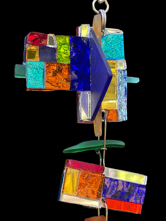 Sun chain 46” long, sparkling mirror mosaics, prism, vintage colored glass pieces