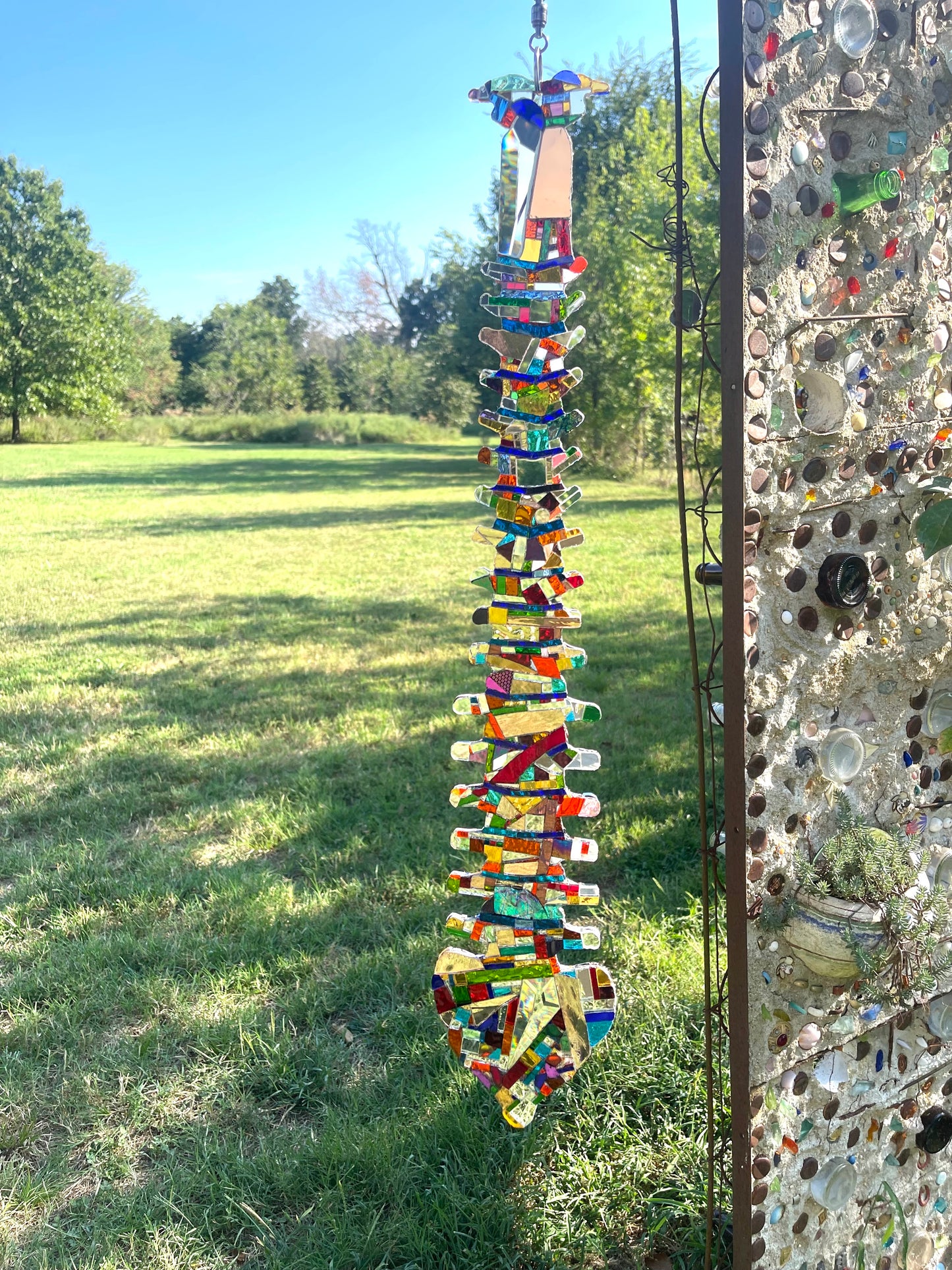 Human spine mirror mosaic sun catcher, stunning groutless sparkling patchwork