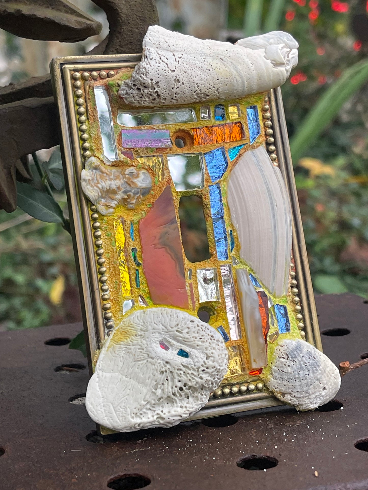 Sea-worn shell and glass mosaic single toggle brass light switch cover