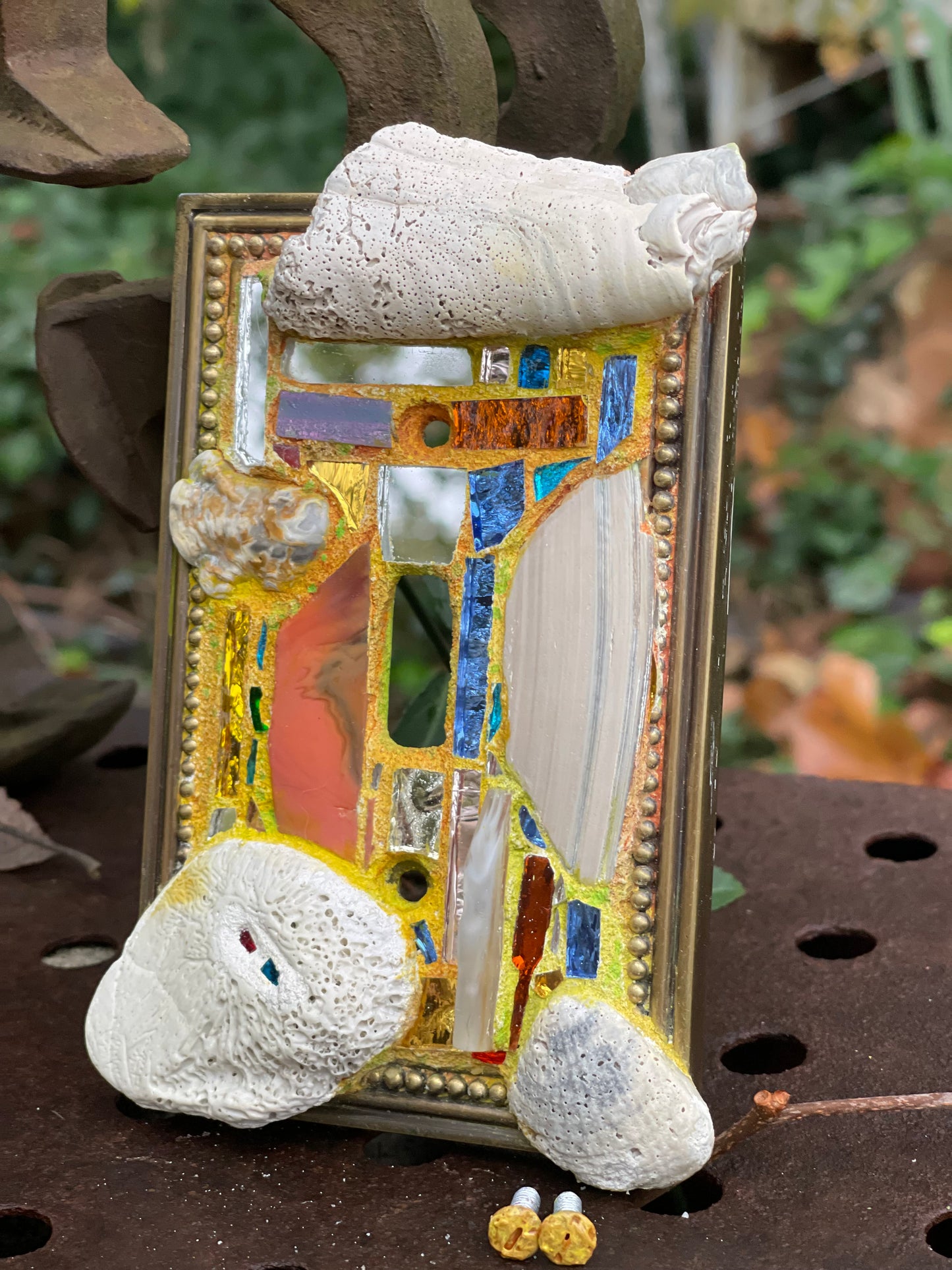 Sea-worn shell and glass mosaic single toggle brass light switch cover