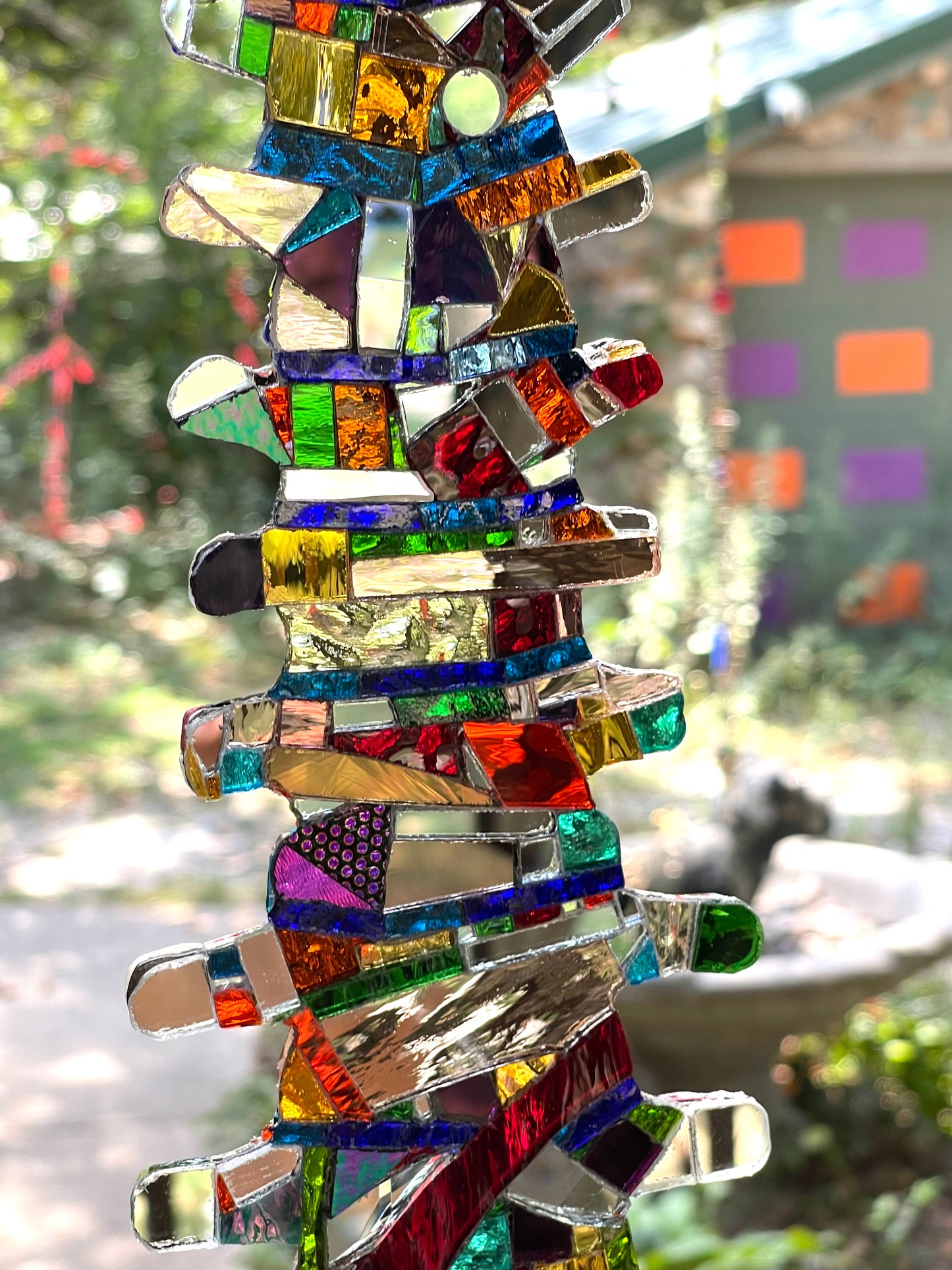 Human spine mirror mosaic sun catcher, stunning groutless sparkling patchwork