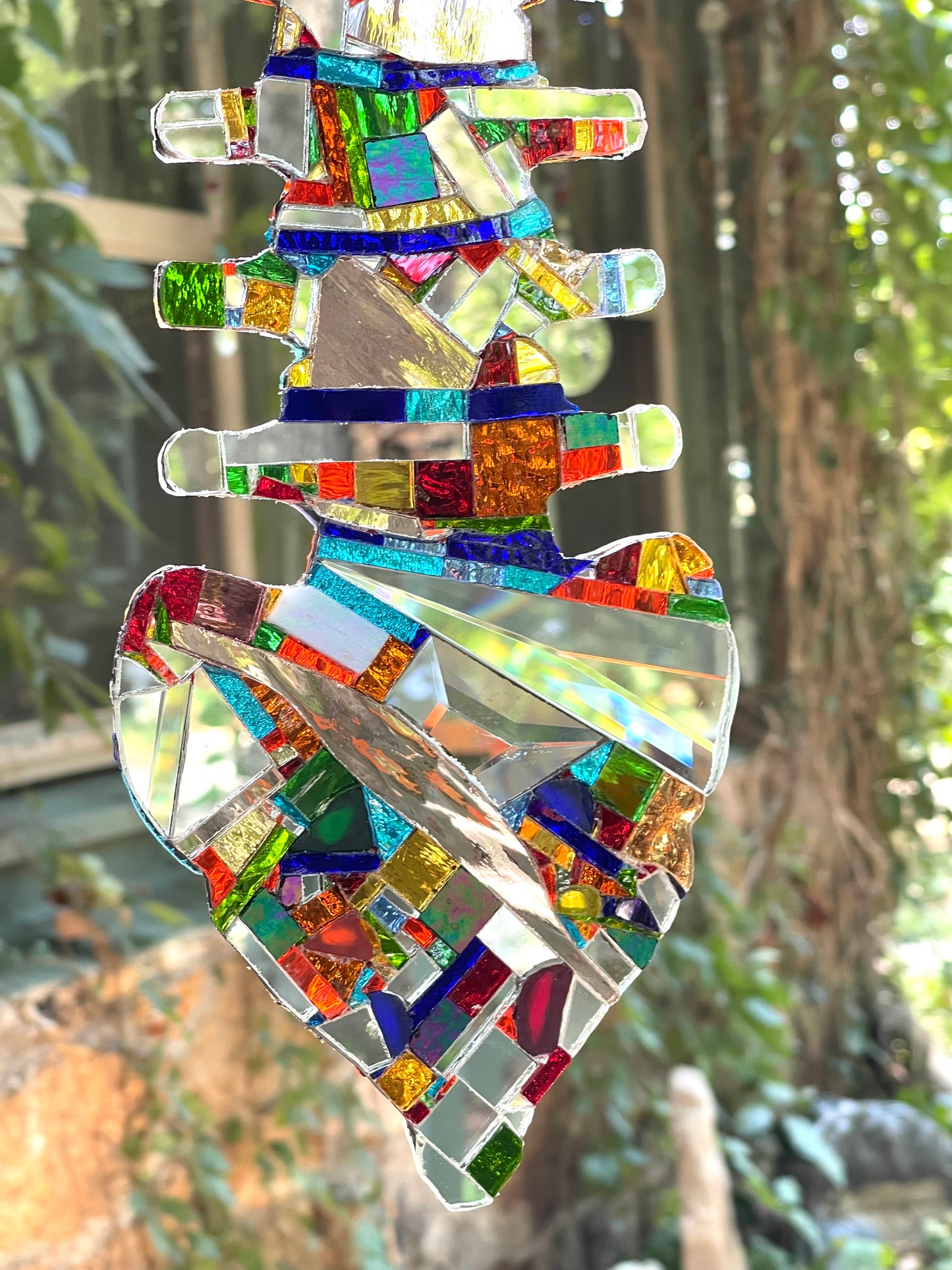 Human spine mirror mosaic sun catcher, stunning groutless sparkling patchwork