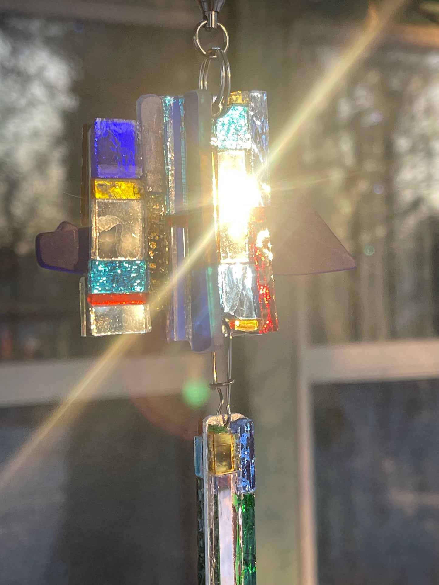 Long 48" mirror mosaic sun chain lots of blue, glowing amber, juicy reds