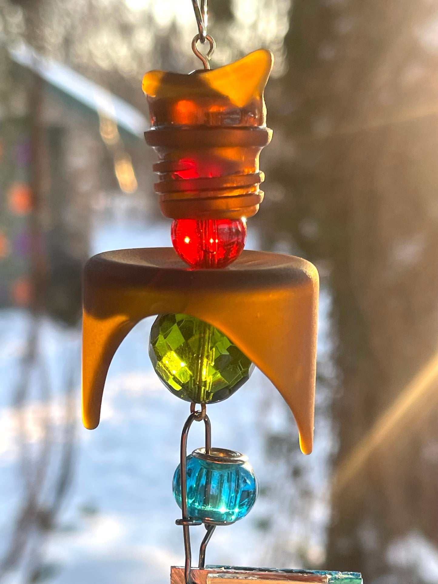 Long 48" mirror mosaic sun chain lots of blue, glowing amber, juicy reds