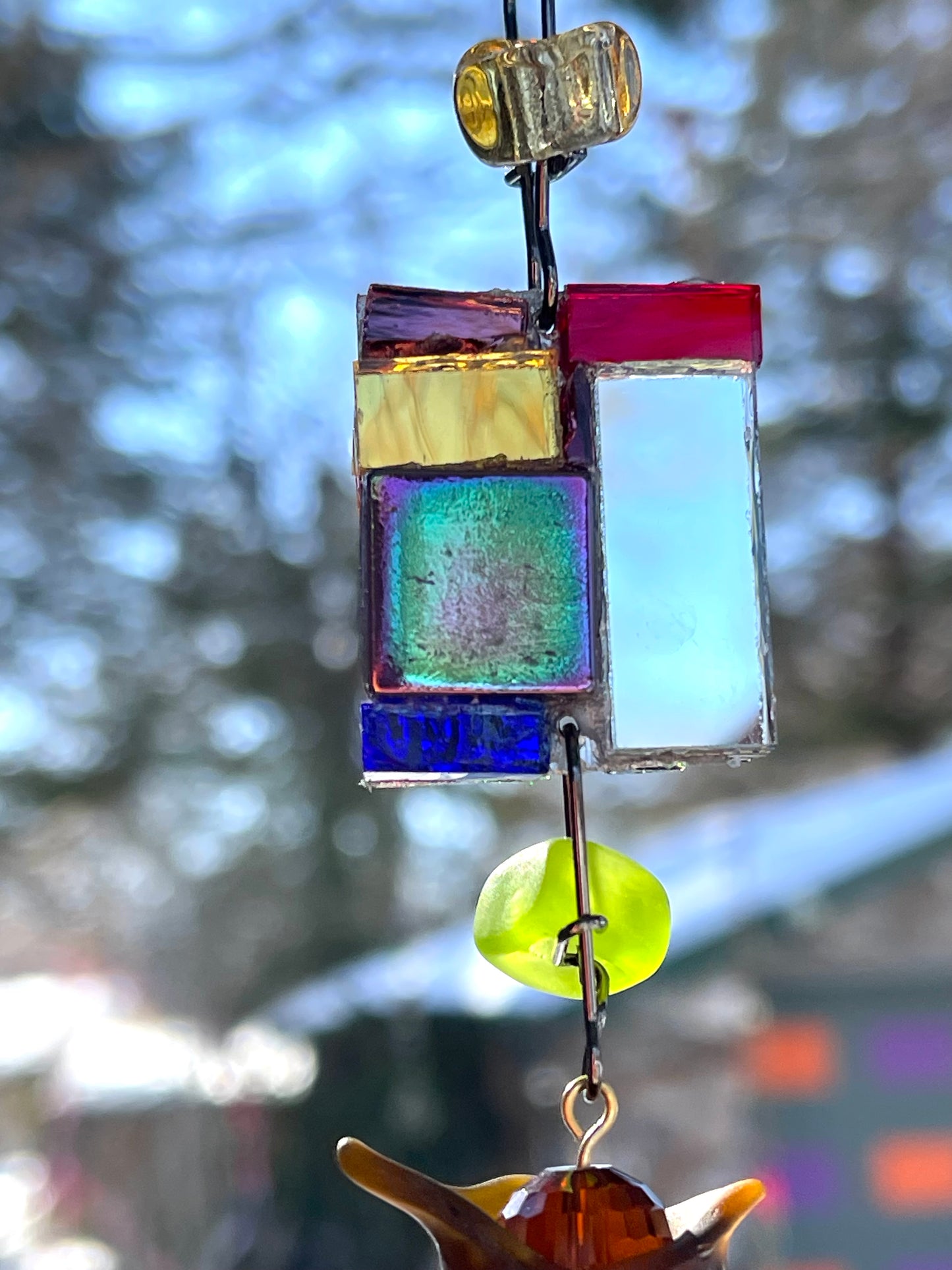 Long 48" mirror mosaic sun chain lots of blue, glowing amber, juicy reds