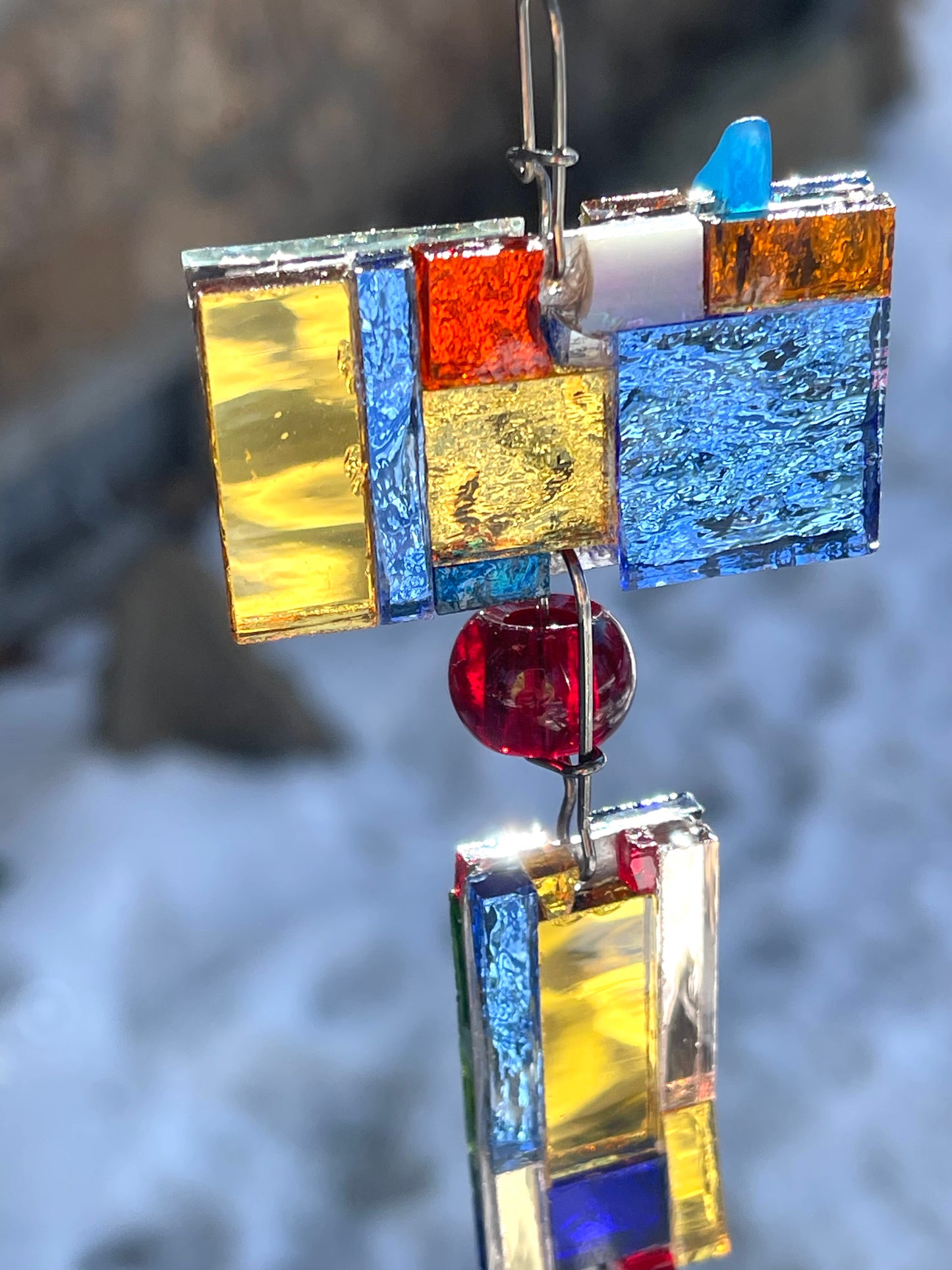 Long 48" mirror mosaic sun chain lots of blue, glowing amber, juicy reds