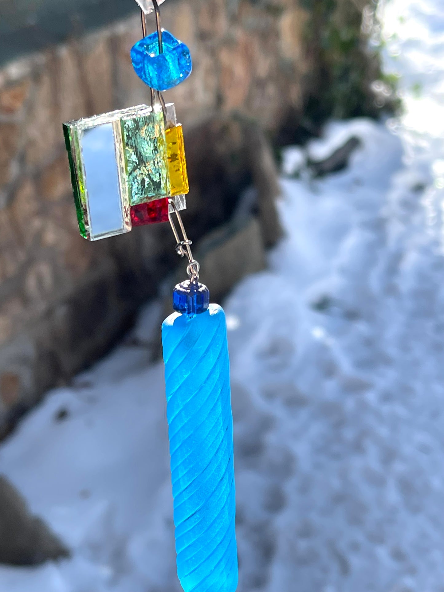 Long 48" mirror mosaic sun chain lots of blue, glowing amber, juicy reds