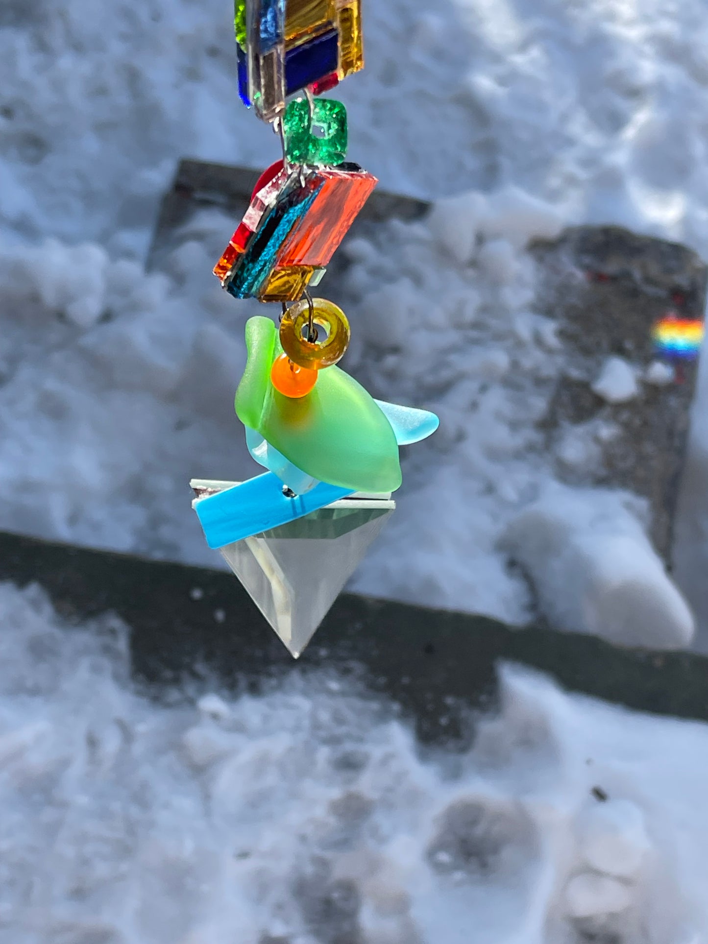 Long 48" mirror mosaic sun chain lots of blue, glowing amber, juicy reds