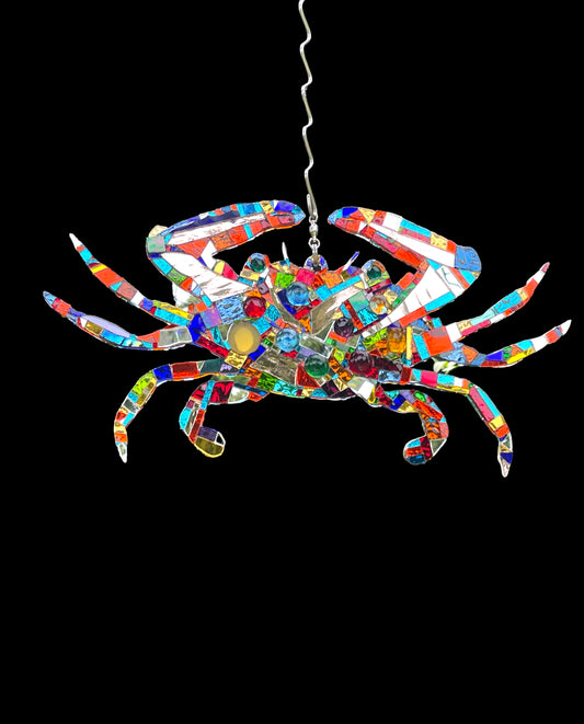 Mirror mosaic-clad steel crab hangs inside or outside on a ball-bearing swivel
