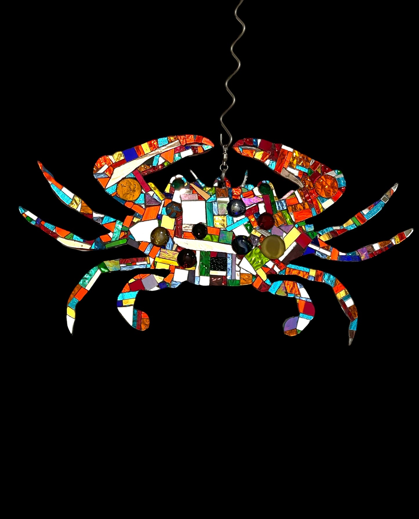 Mirror mosaic-clad steel crab hangs inside or outside on a ball-bearing swivel