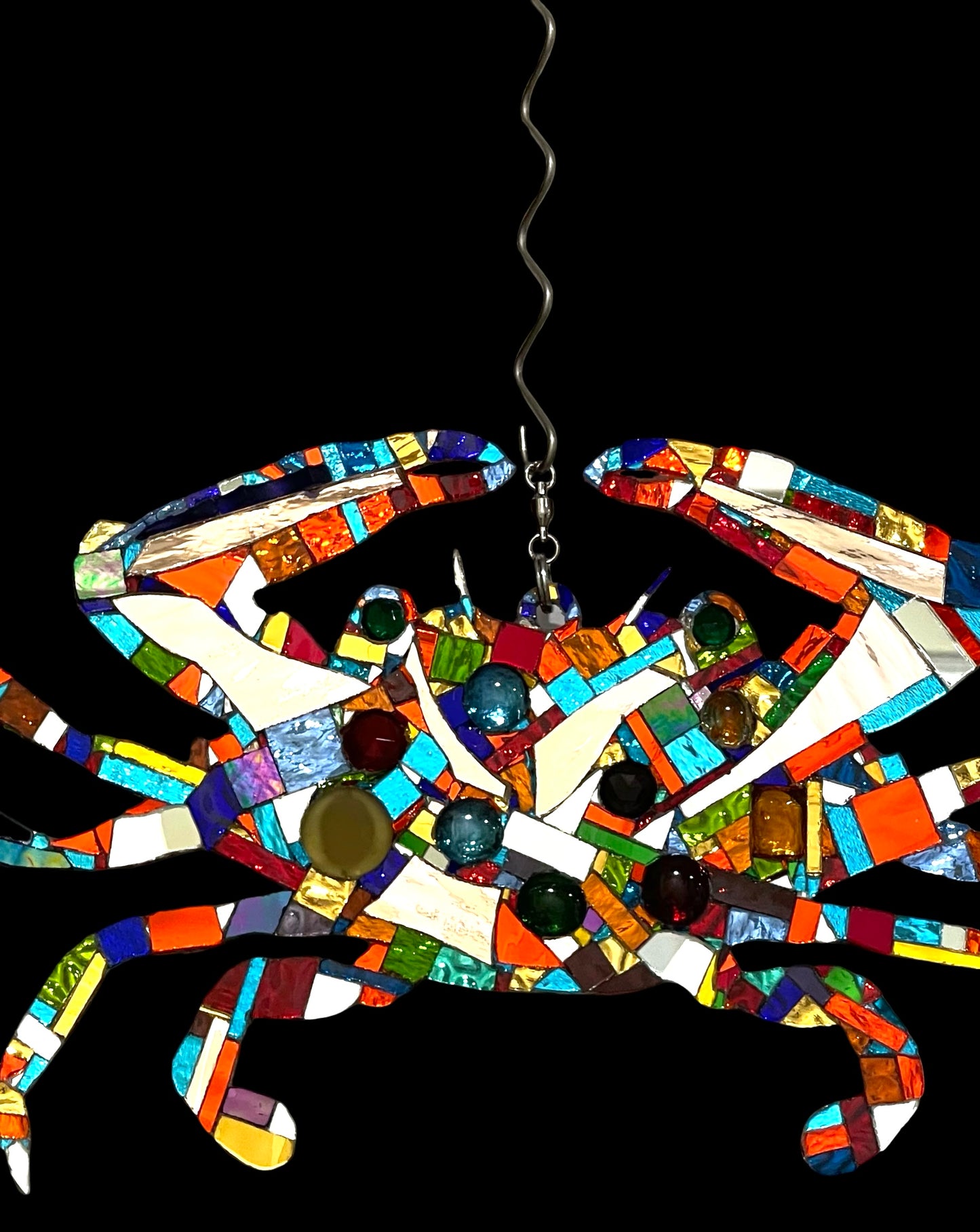 Mirror mosaic-clad steel crab hangs inside or outside on a ball-bearing swivel