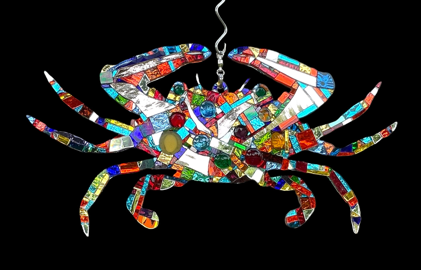 Mirror mosaic-clad steel crab hangs inside or outside on a ball-bearing swivel