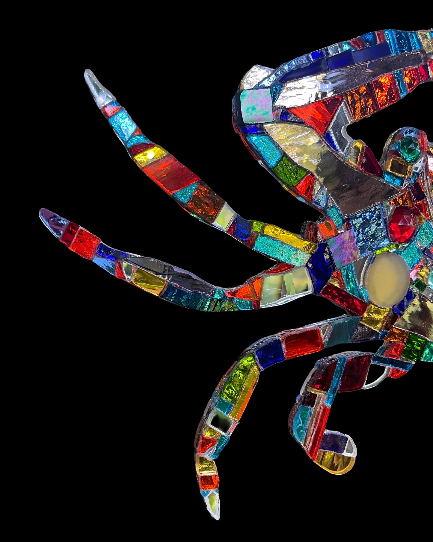 Mirror mosaic-clad steel crab hangs inside or outside on a ball-bearing swivel