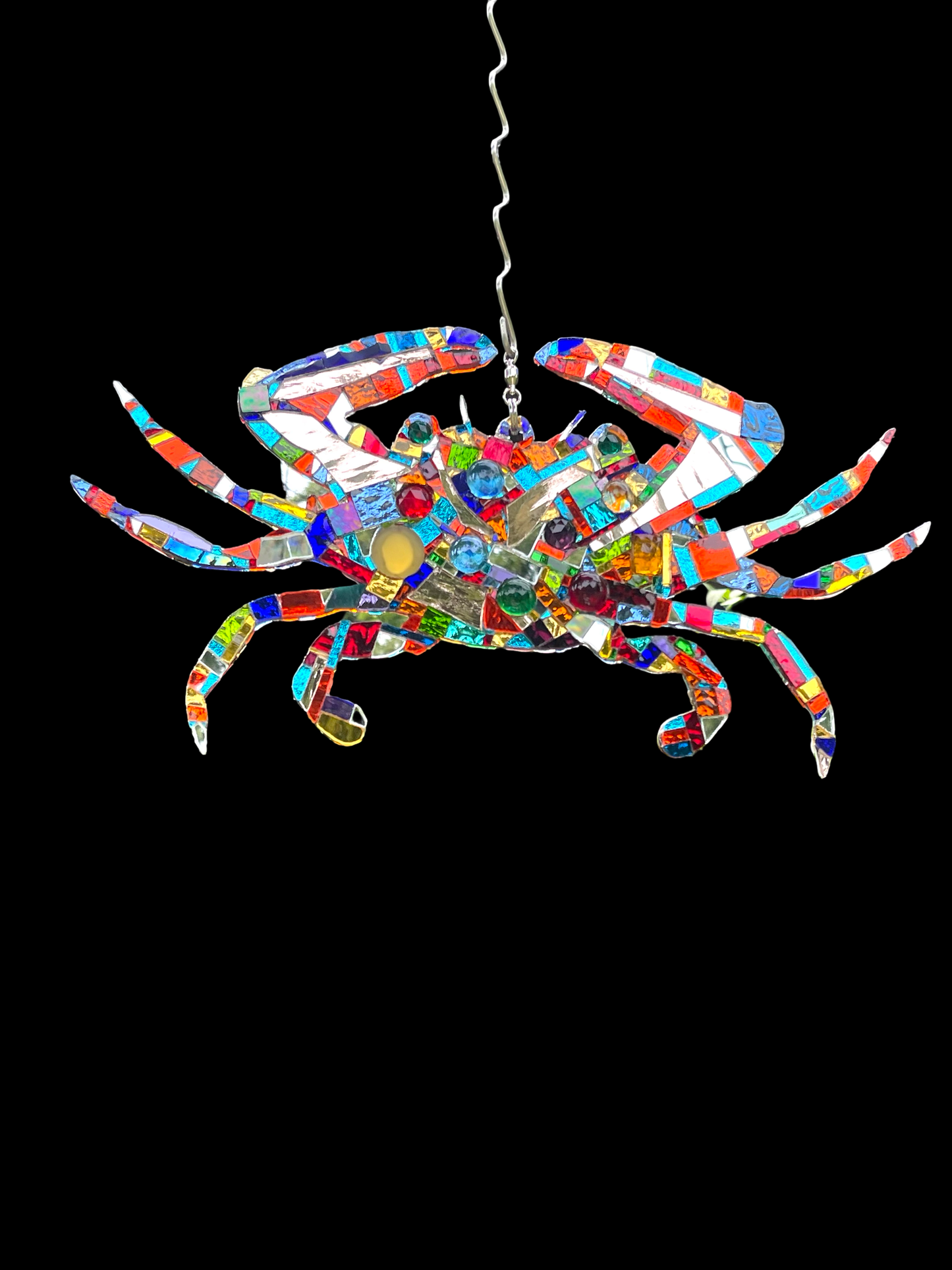 Mirror mosaic-clad steel crab hangs inside or outside on a ball-bearing swivel