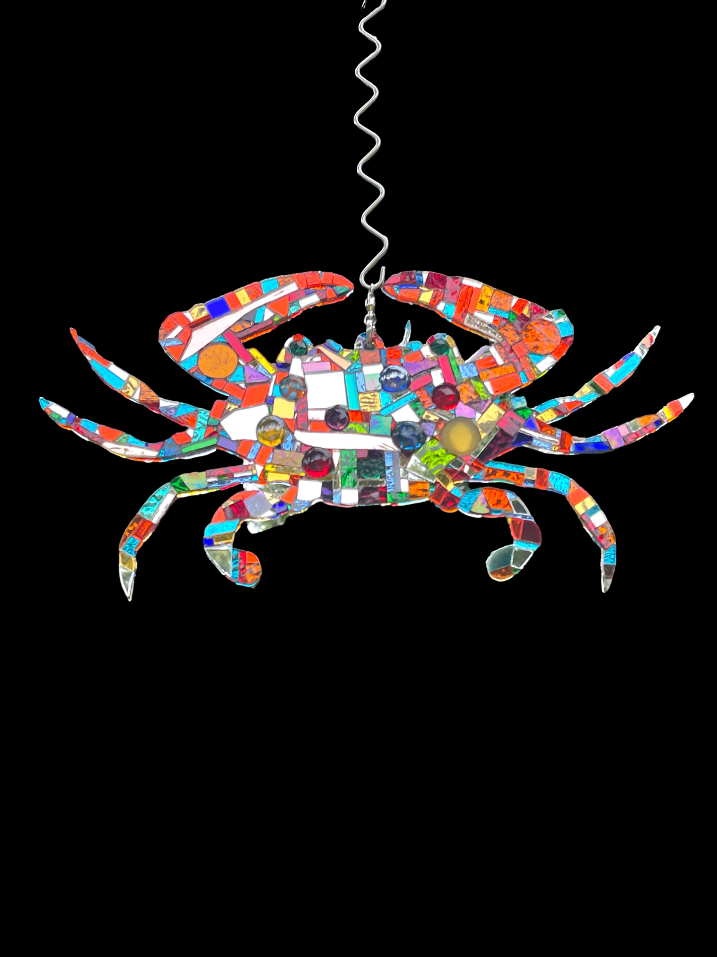 Mirror mosaic-clad steel crab hangs inside or outside on a ball-bearing swivel