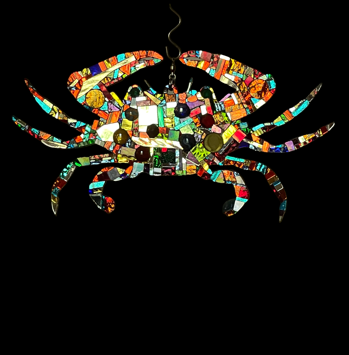 Mirror mosaic-clad steel crab hangs inside or outside on a ball-bearing swivel
