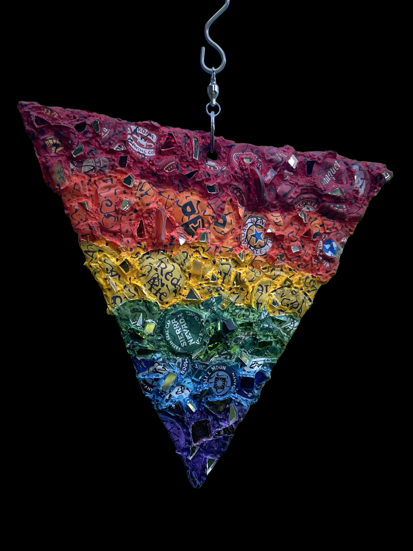 Rainbow pride bottle cap triangle with mirror bits. Glorious!