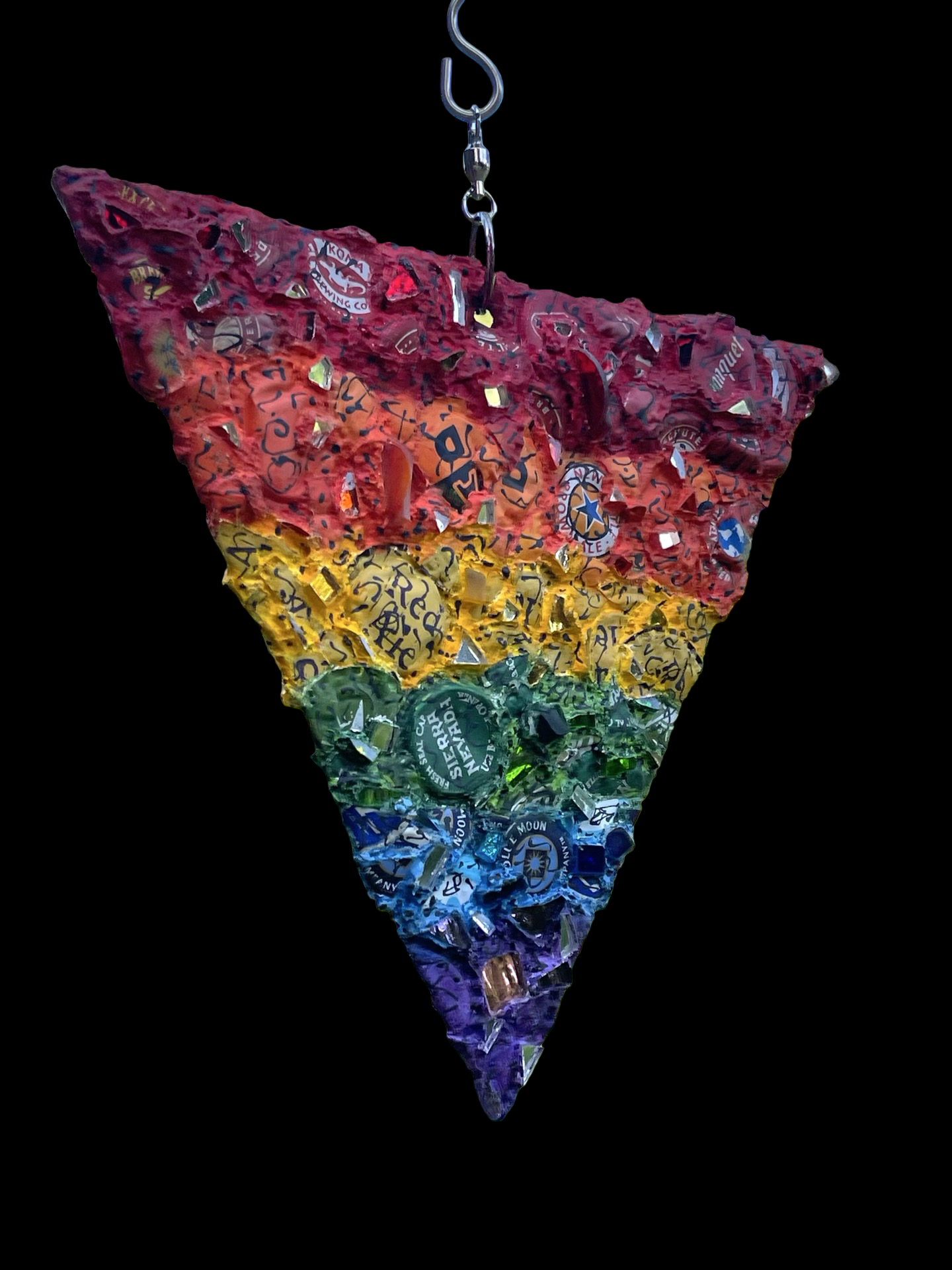 Rainbow pride bottle cap triangle with mirror bits. Glorious!