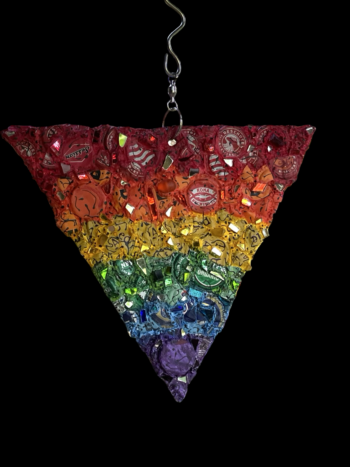 Rainbow pride bottle cap triangle with mirror bits. Glorious!