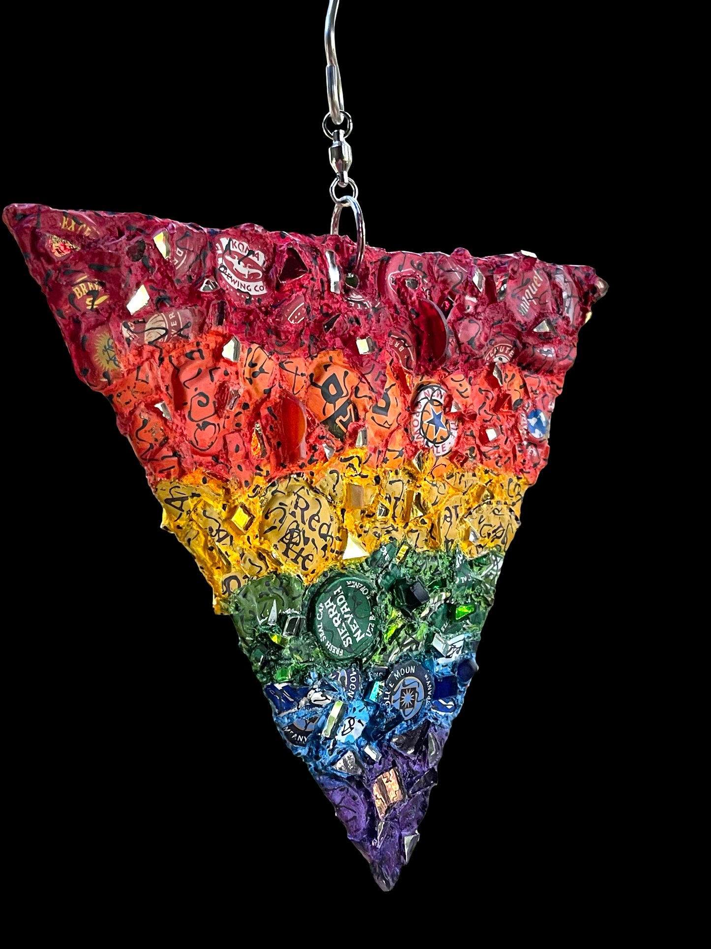 Rainbow pride bottle cap triangle with mirror bits. Glorious!