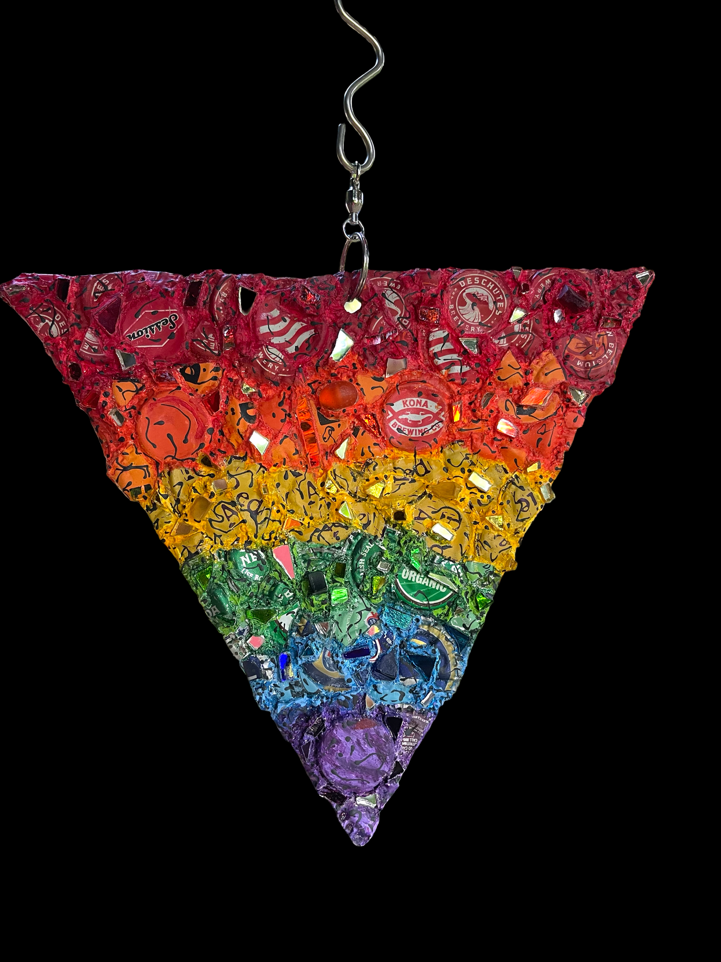 Rainbow pride bottle cap triangle with mirror bits. Glorious!