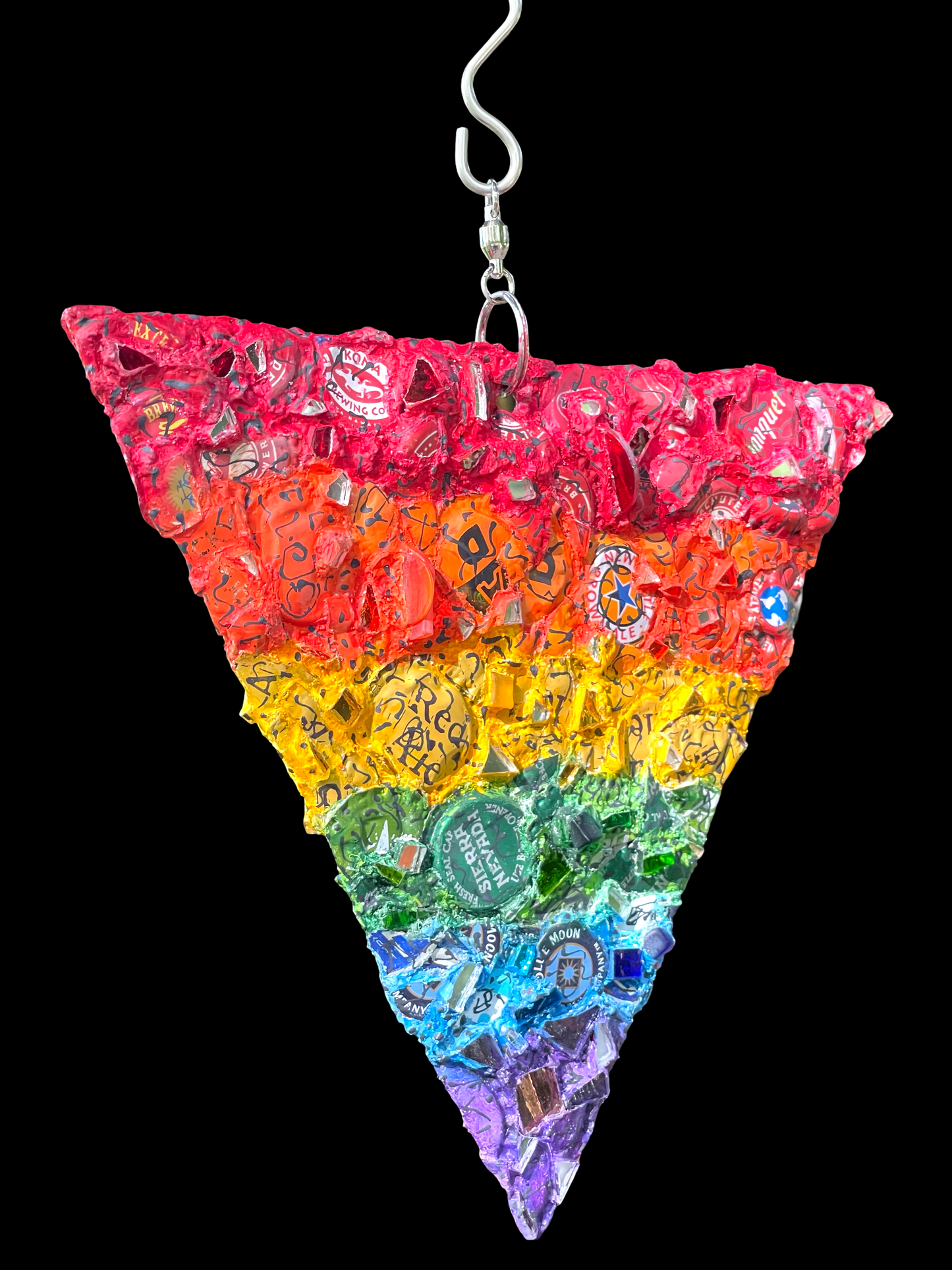 Rainbow pride bottle cap triangle with mirror bits. Glorious!