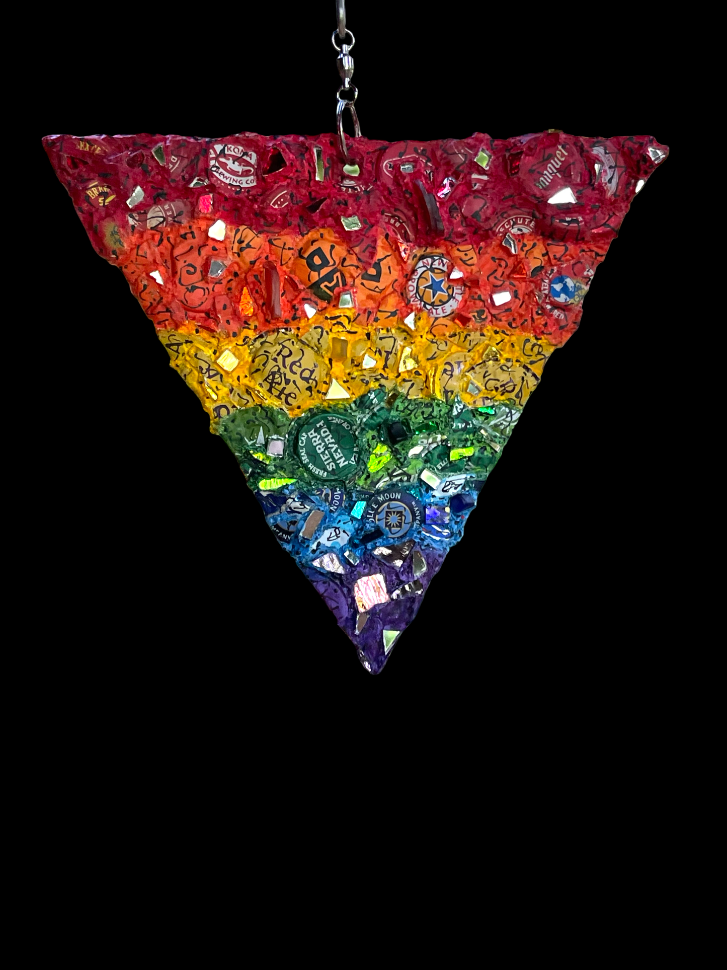 Rainbow pride bottle cap triangle with mirror bits. Glorious!