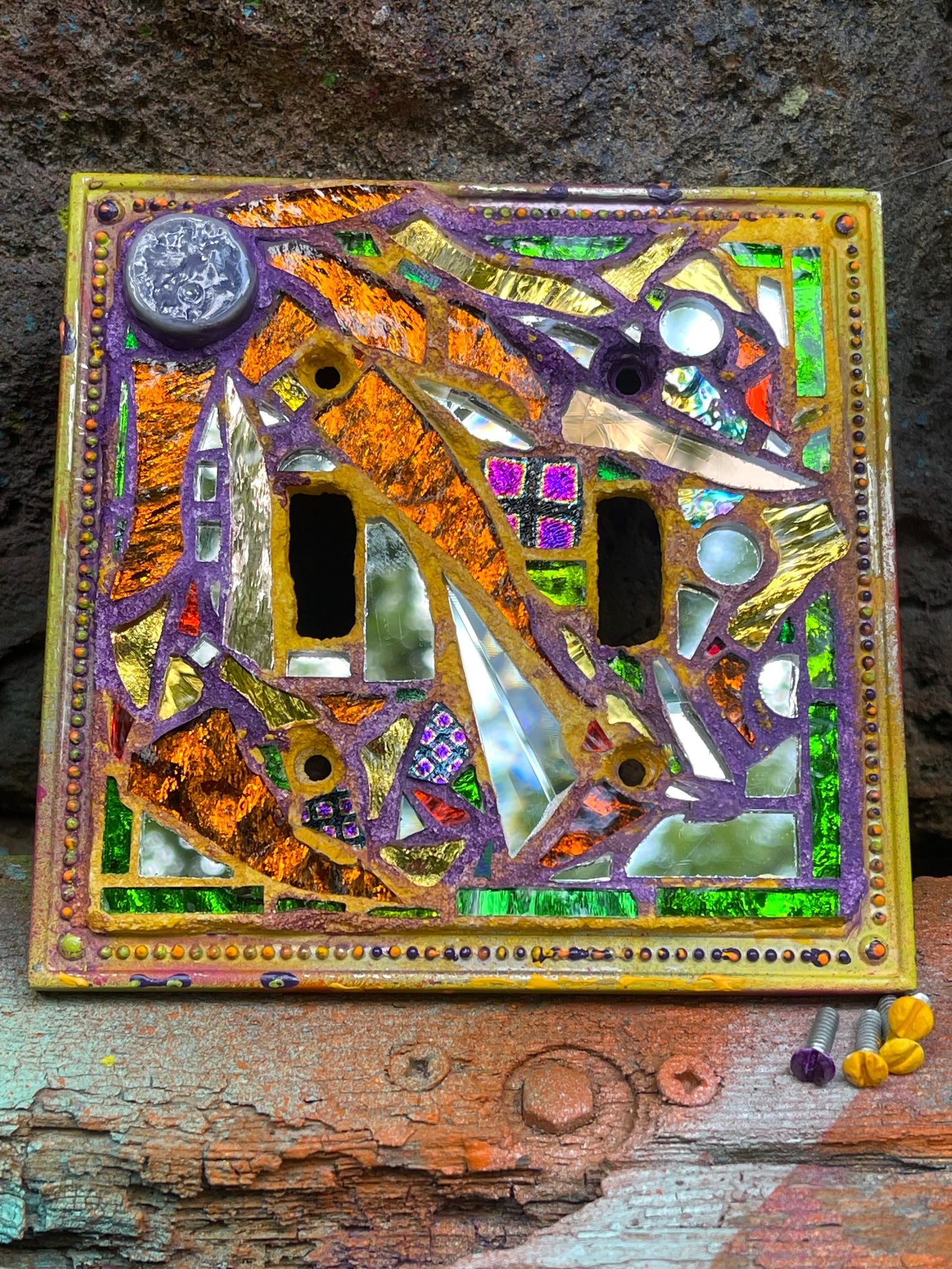 Purple and gold double toggle mirror mosaic light switch cover. Dazzling!