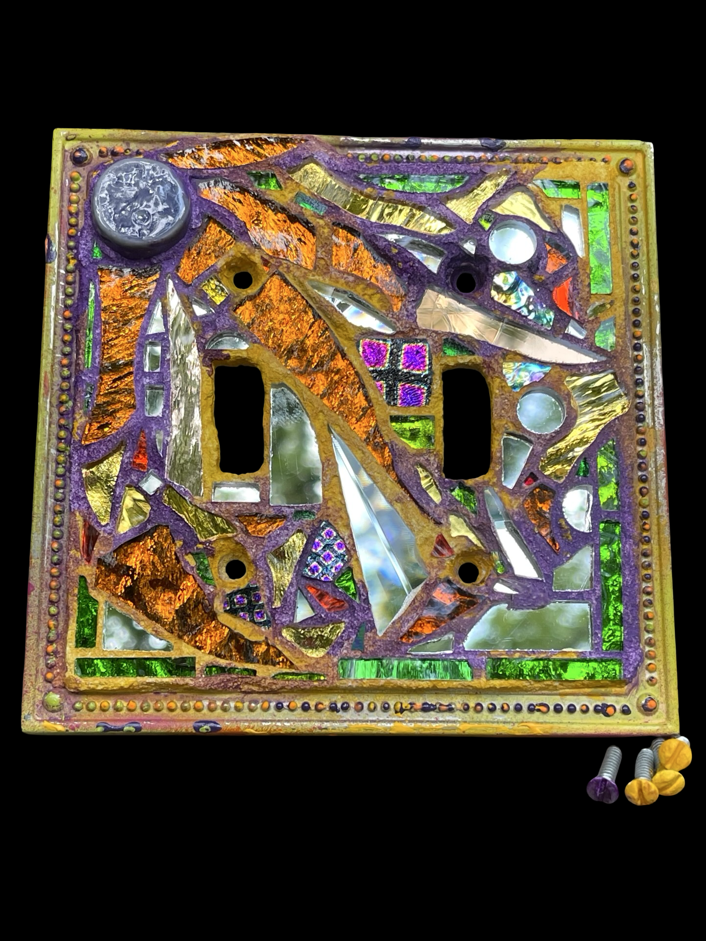 Purple and gold double toggle mirror mosaic light switch cover. Dazzling!