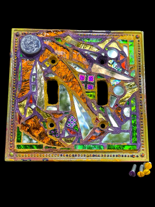 Purple and gold double toggle mirror mosaic light switch cover. Dazzling!