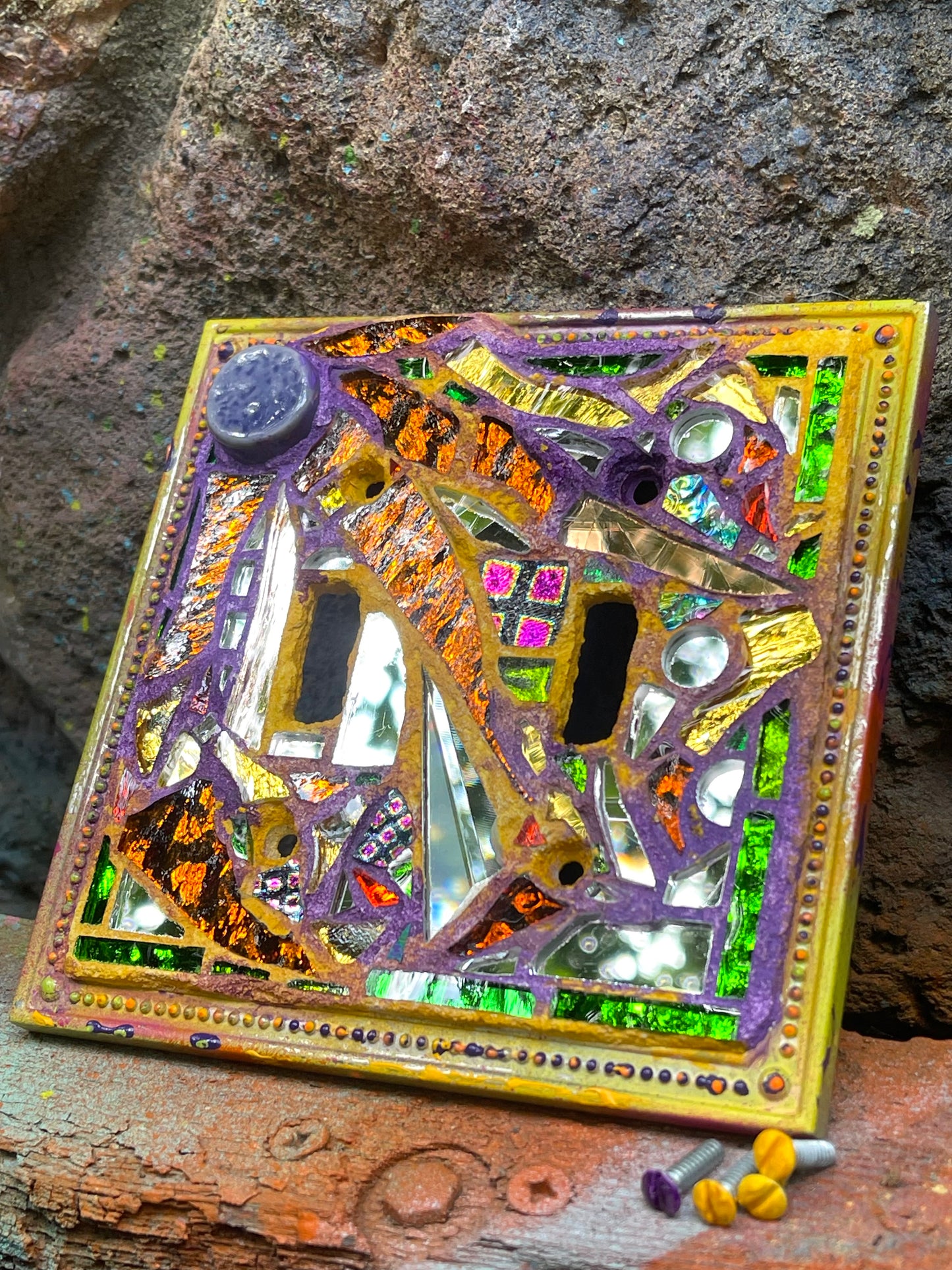 Purple and gold double toggle mirror mosaic light switch cover. Dazzling!