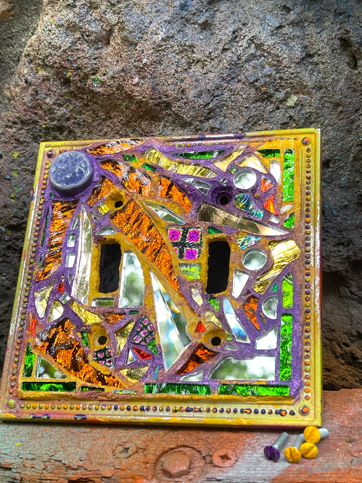 Purple and gold double toggle mirror mosaic light switch cover. Dazzling!