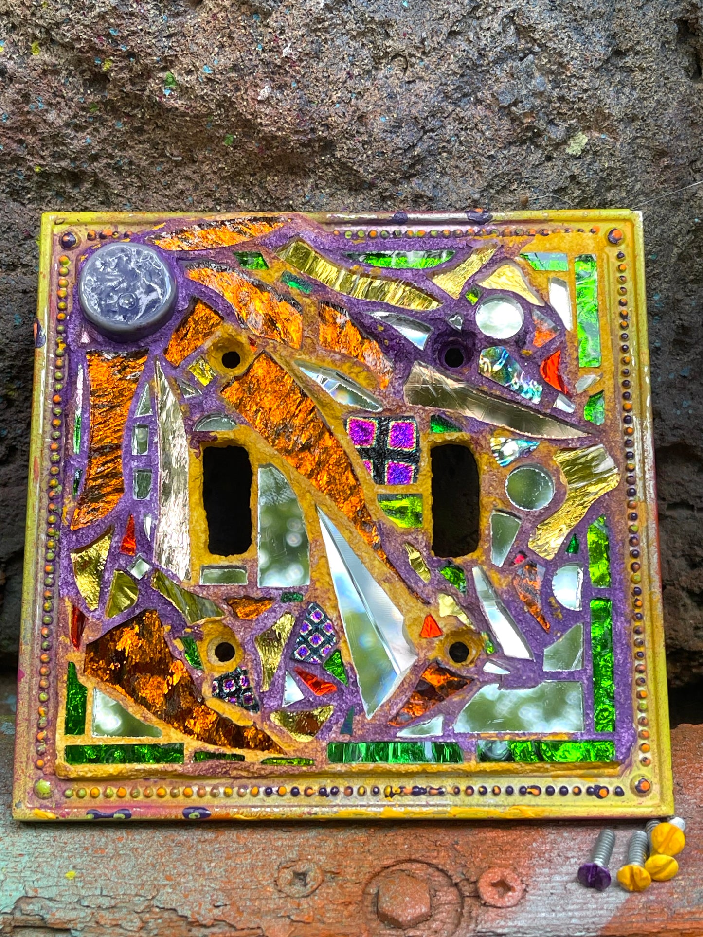 Purple and gold double toggle mirror mosaic light switch cover. Dazzling!