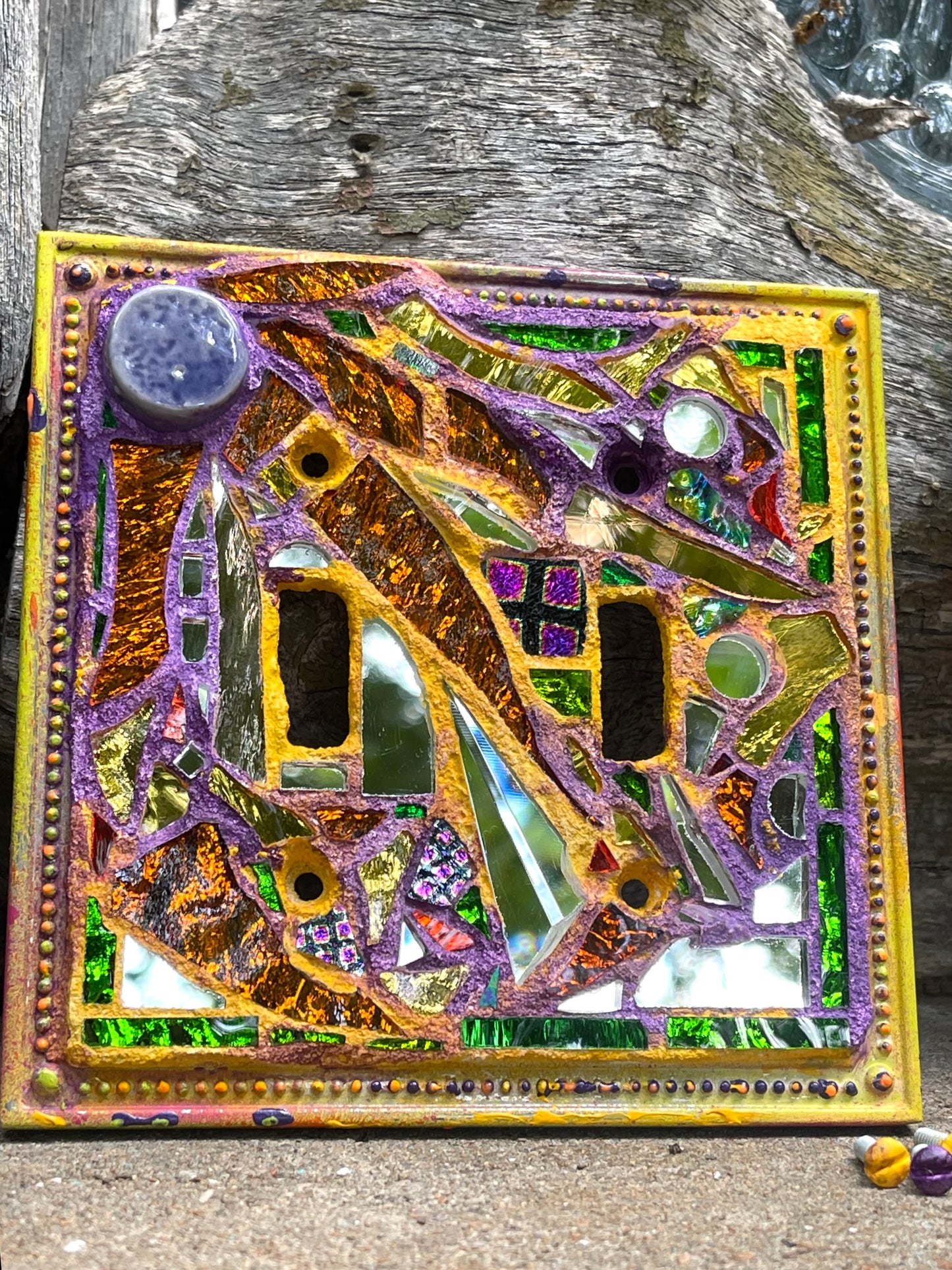 Purple and gold double toggle mirror mosaic light switch cover. Dazzling!
