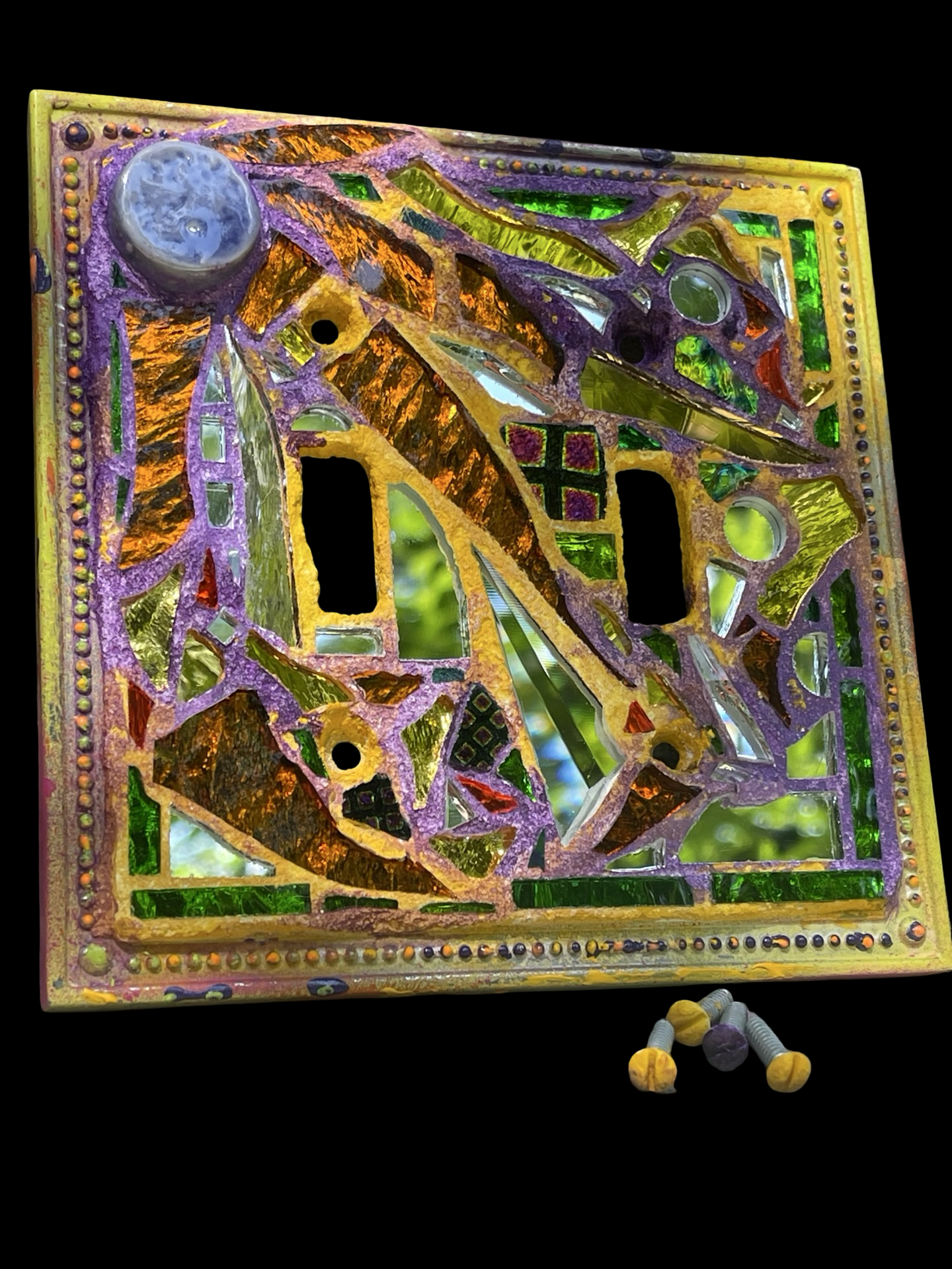 Purple and gold double toggle mirror mosaic light switch cover. Dazzling!