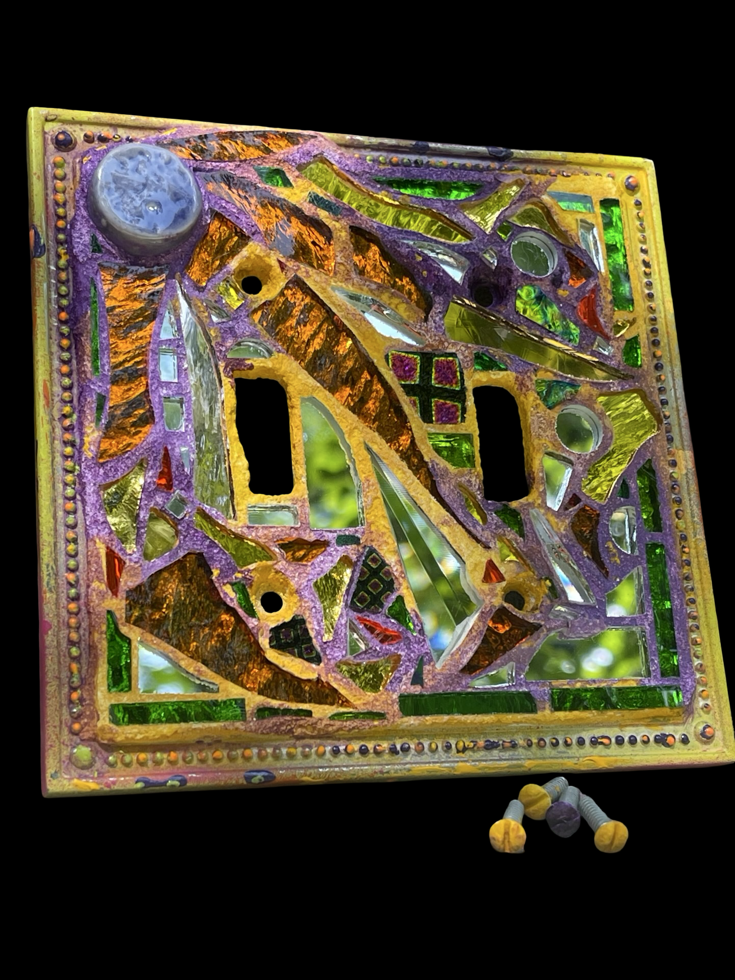 Purple and gold double toggle mirror mosaic light switch cover. Dazzling!