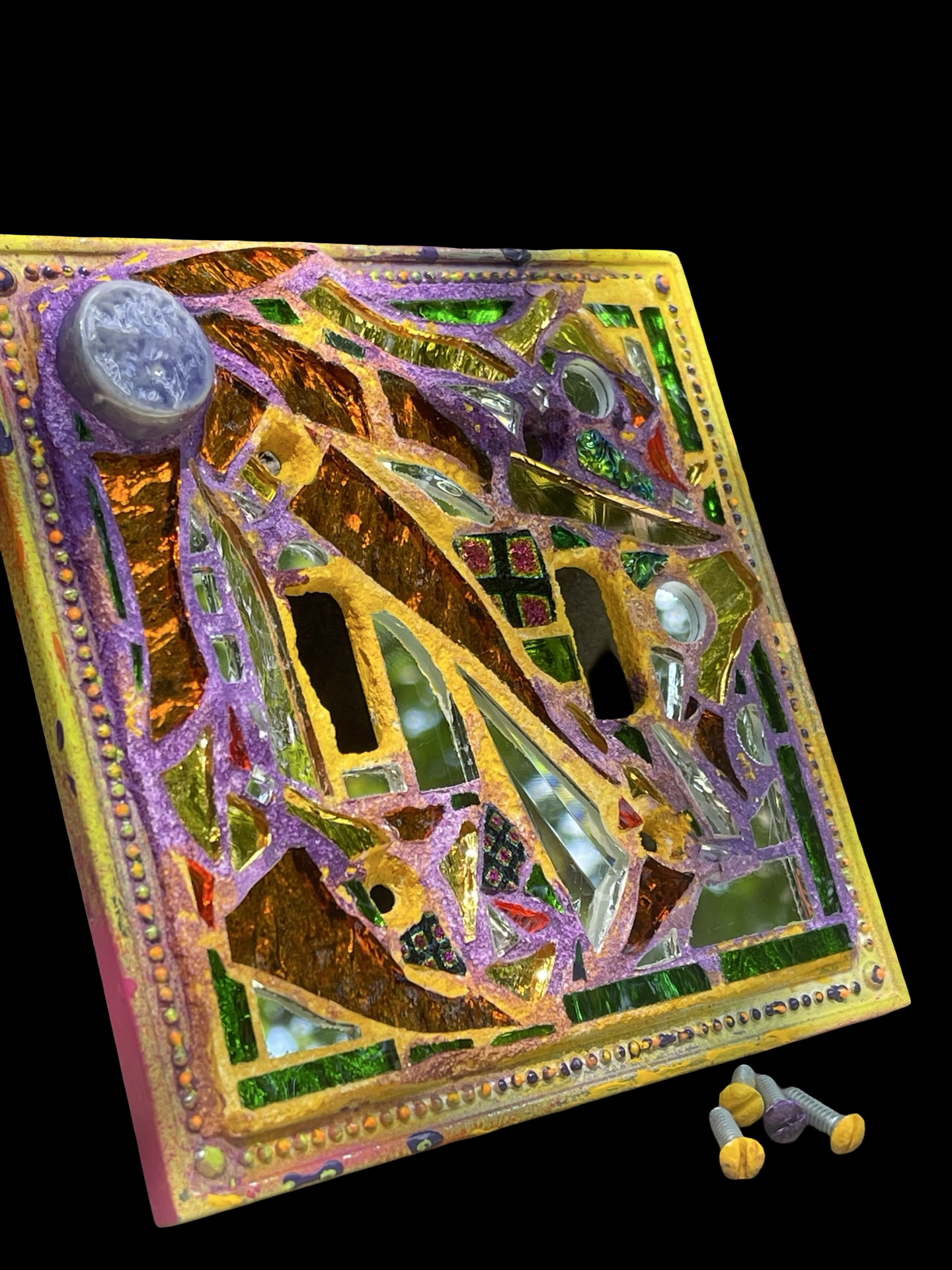 Purple and gold double toggle mirror mosaic light switch cover. Dazzling!