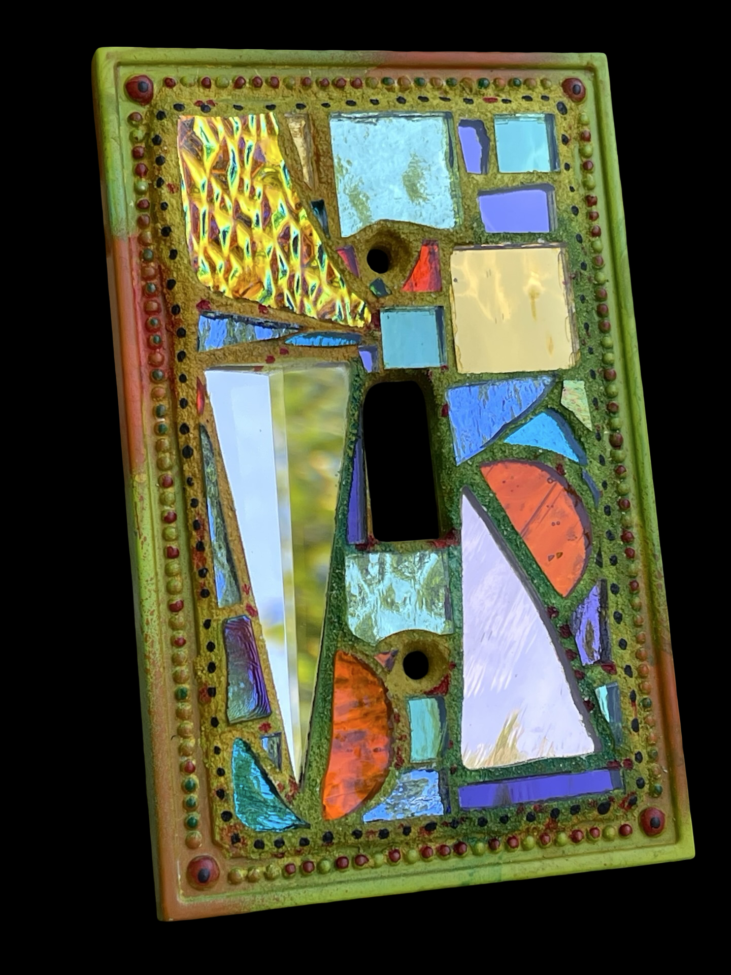 Shimmering iridescent single toggle mirror mosaic light switch cover, wall art
