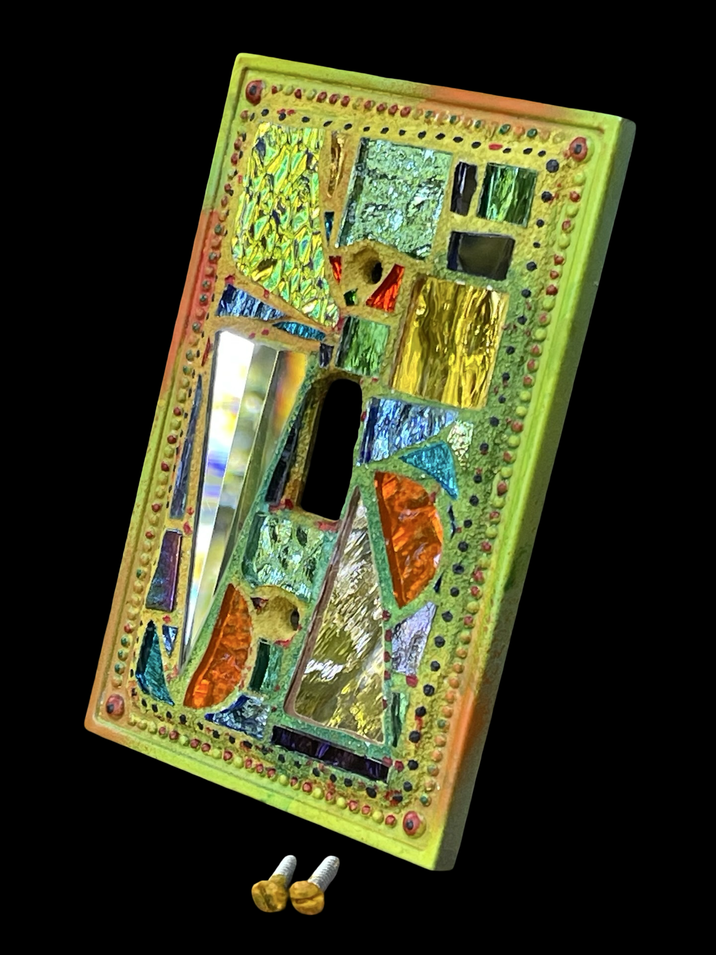 Shimmering iridescent single toggle mirror mosaic light switch cover, wall art